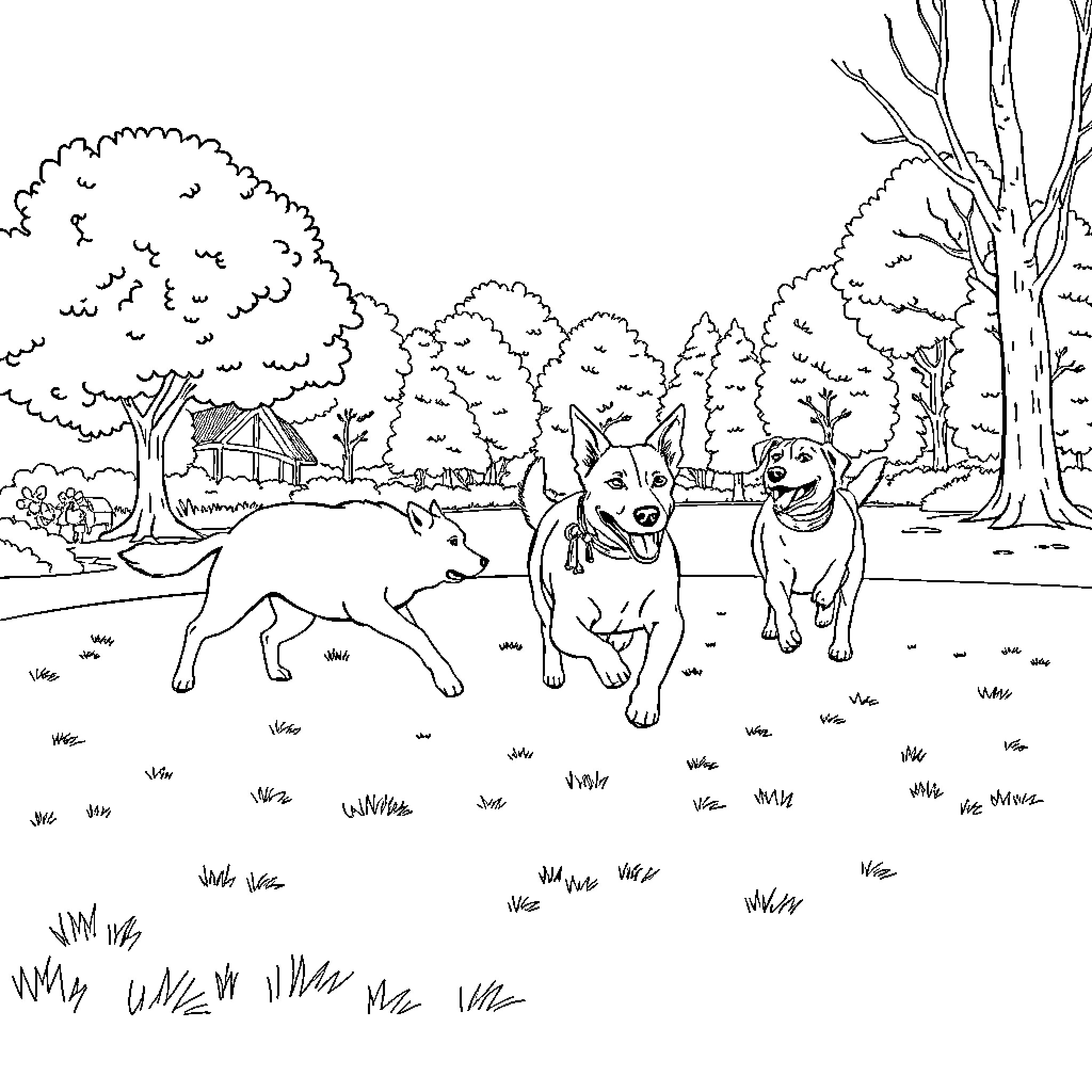 Dogs playing in a rural landscape Coloring Page (free black-and-white line drawing printable PDF for all, from beginners to advanced learners, including children, teens, adults, and seniors)