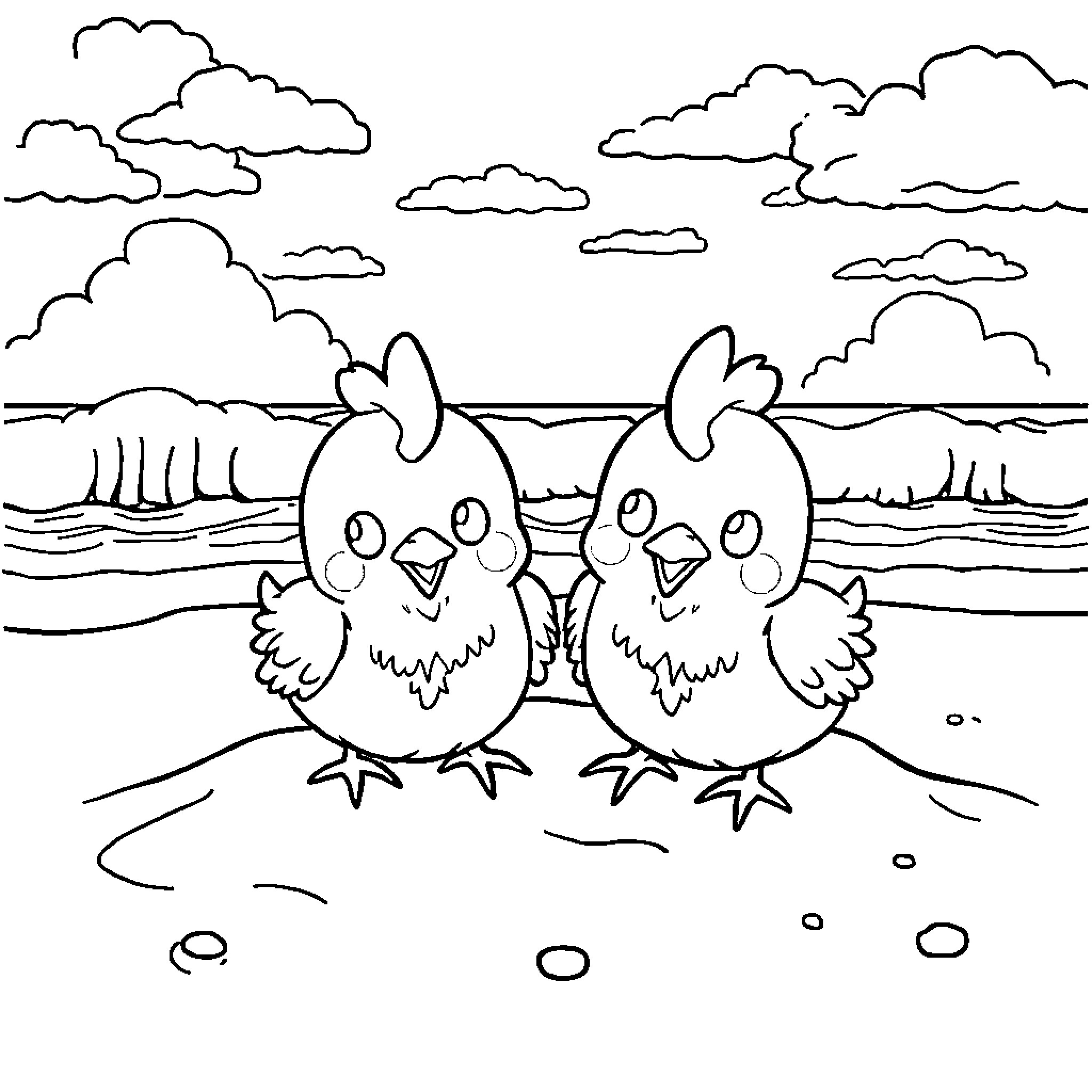 Chicken Companions Enjoying the Outdoors Coloring Page (free black-and-white line drawing printable PDF for all, from beginners to advanced learners, including children, teens, adults, and seniors)