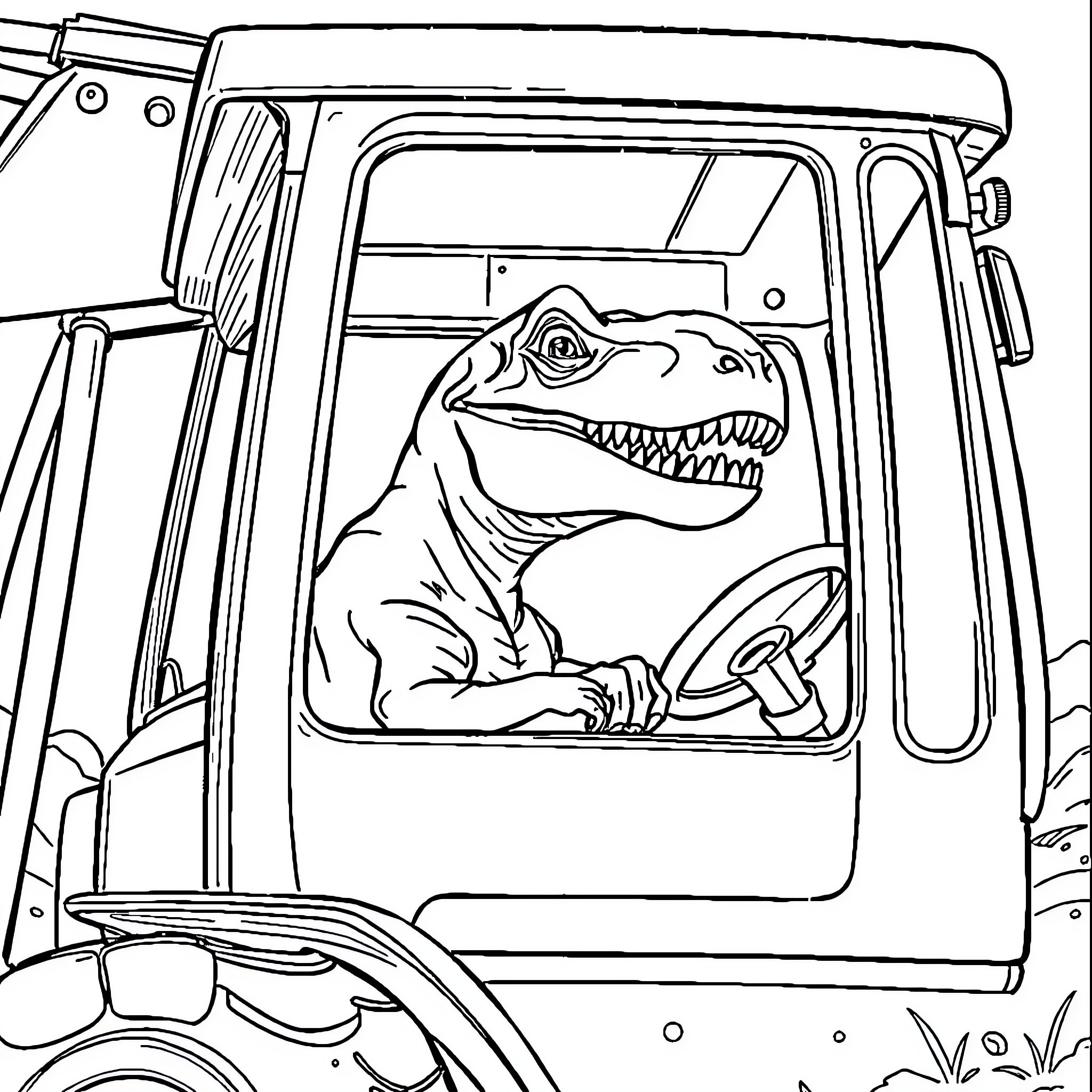 T-Rex Driving a Tractor in the Wild Coloring Page (free black-and-white line drawing printable PDF for all, from beginners to advanced learners, including children, teens, adults, and seniors)