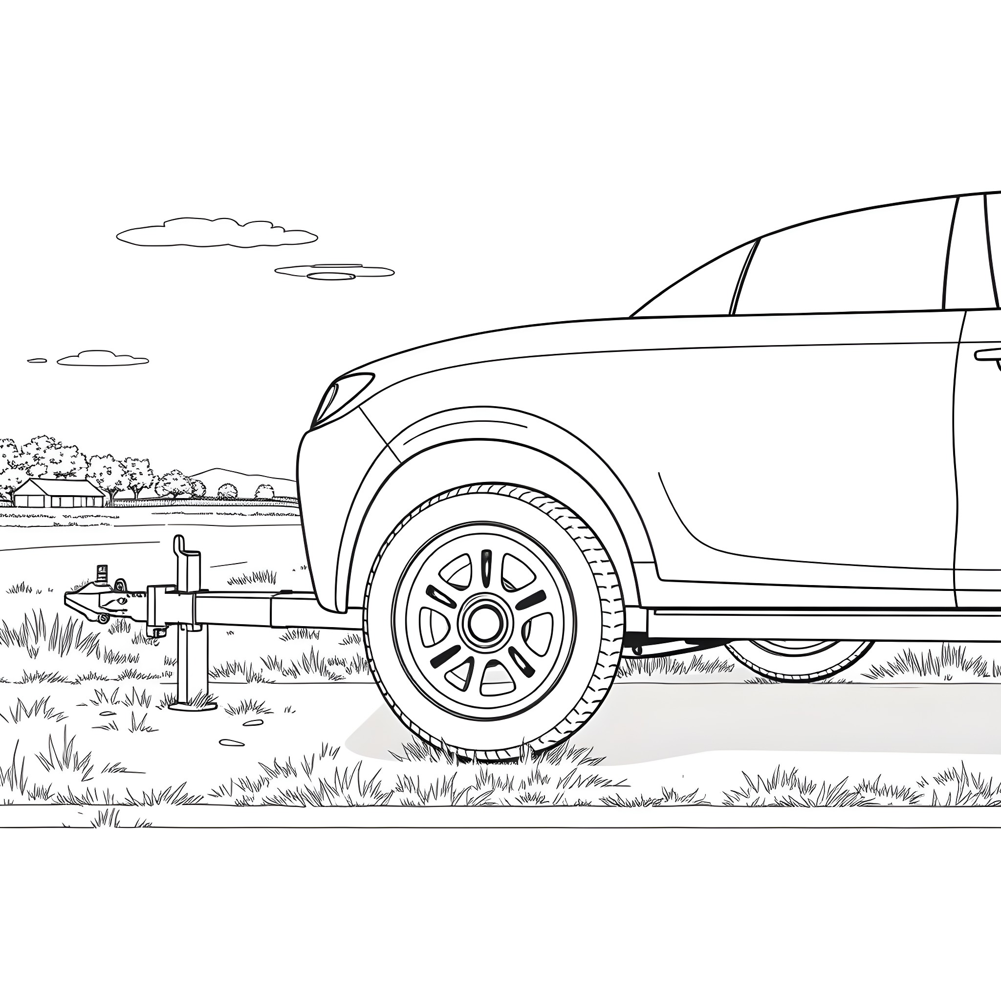 Car Trailer Transporting Vehicle Outdoors Coloring Page (free black-and-white line drawing printable PDF for all, from beginners to advanced learners, including children, teens, adults, and seniors)