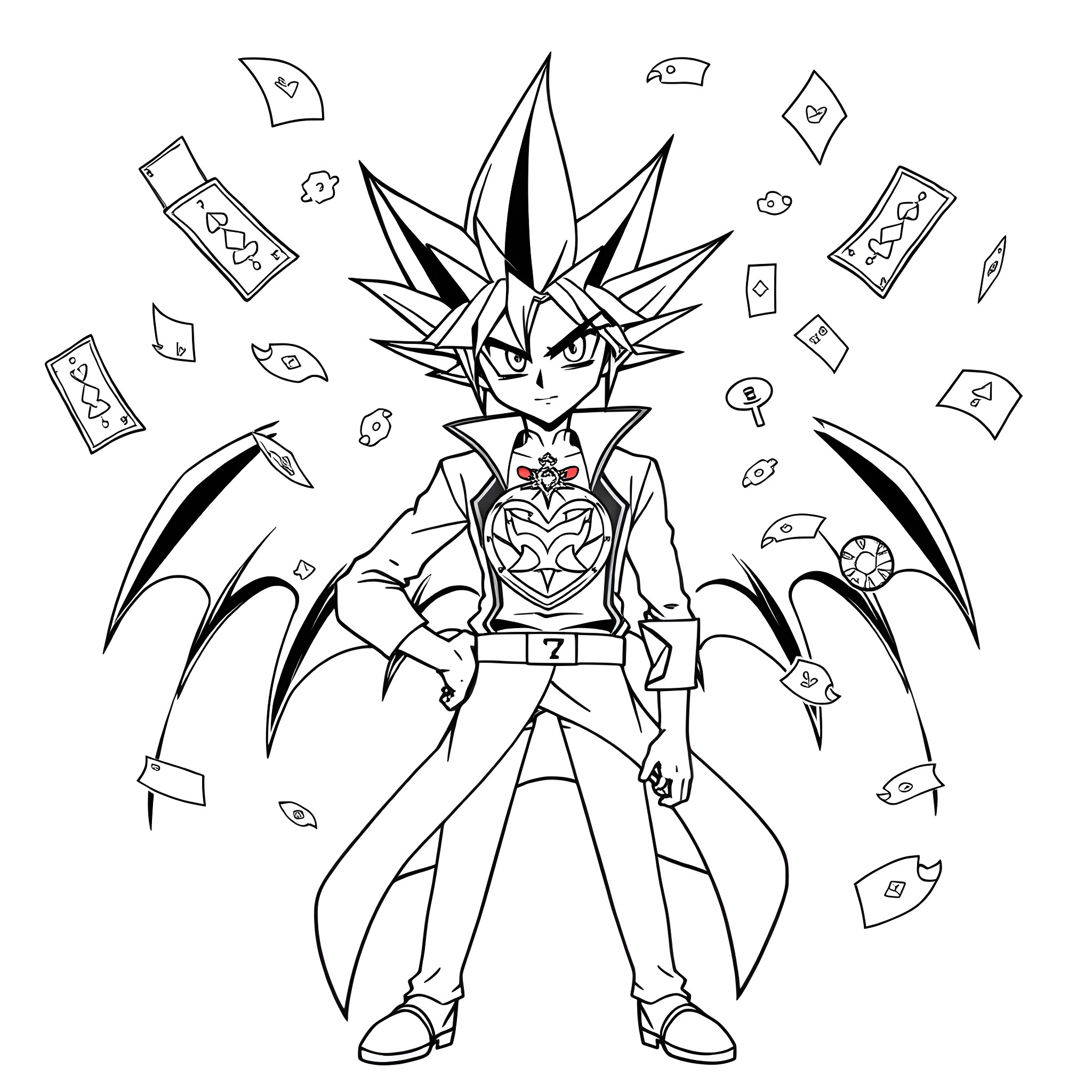 Yugi's Duel Preparations with Duel Monsters Cards Coloring Page (free black-and-white line drawing printable PDF for all, from beginners to advanced learners, including children, teens, adults, and seniors)