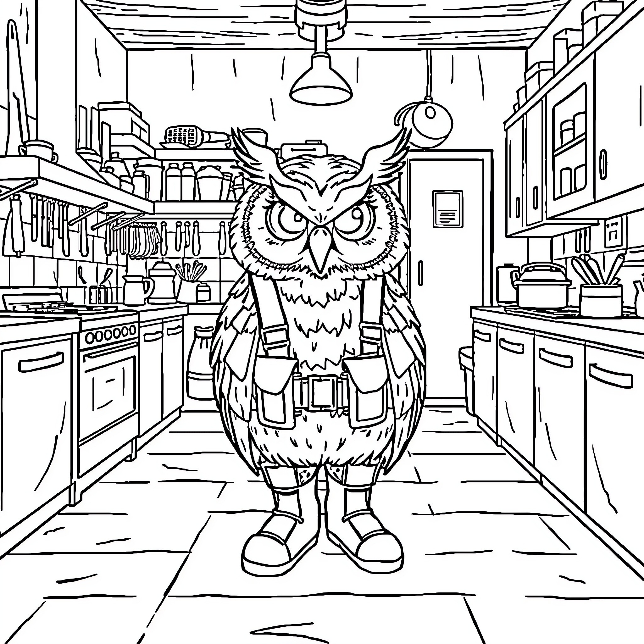 Owl standing in a cluttered kitchen Coloring Page (free black-and-white line drawing printable PDF for all, from beginners to advanced learners, including children, teens, adults, and seniors)