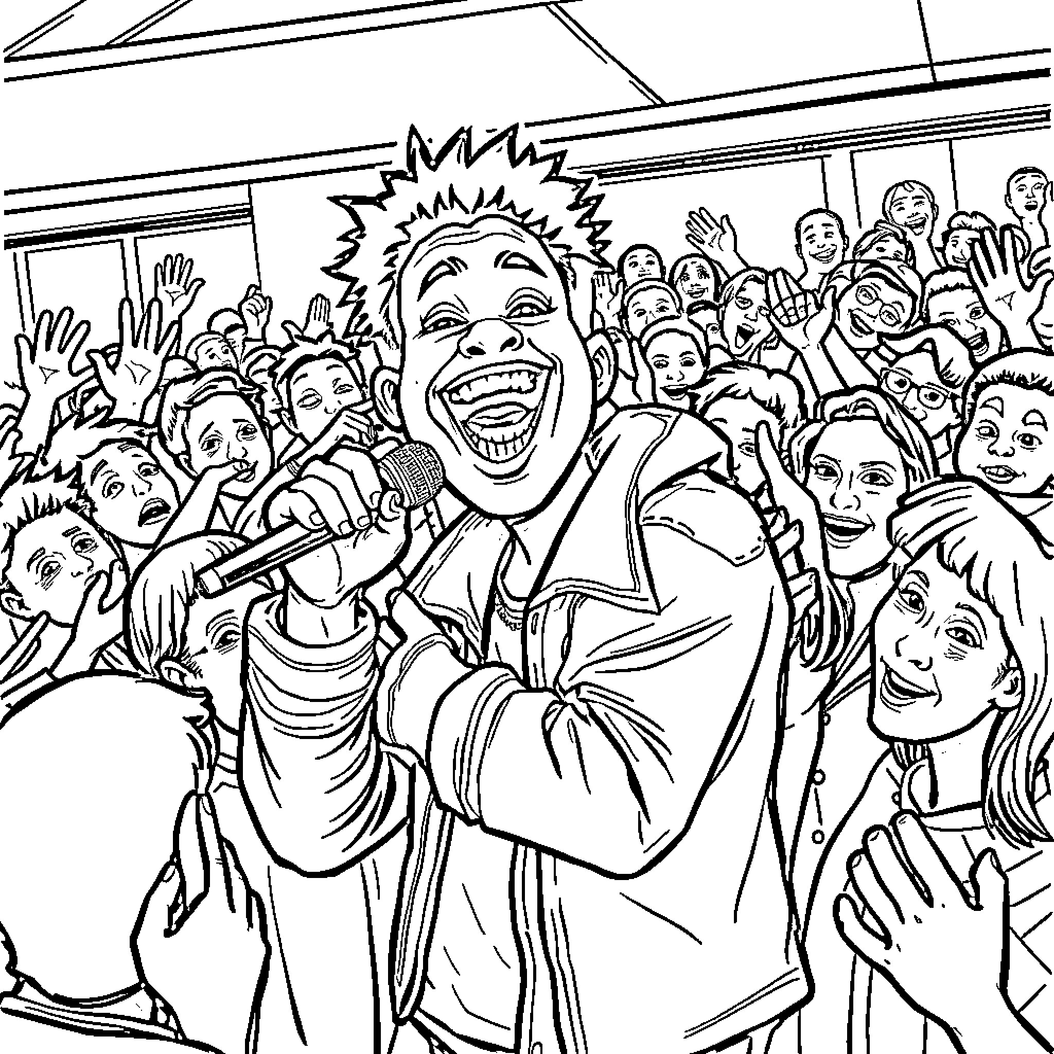 Harry Mack entertaining an enthusiastic audience Coloring Page (free black-and-white line drawing printable PDF for all, from beginners to advanced learners, including children, teens, adults, and seniors)
