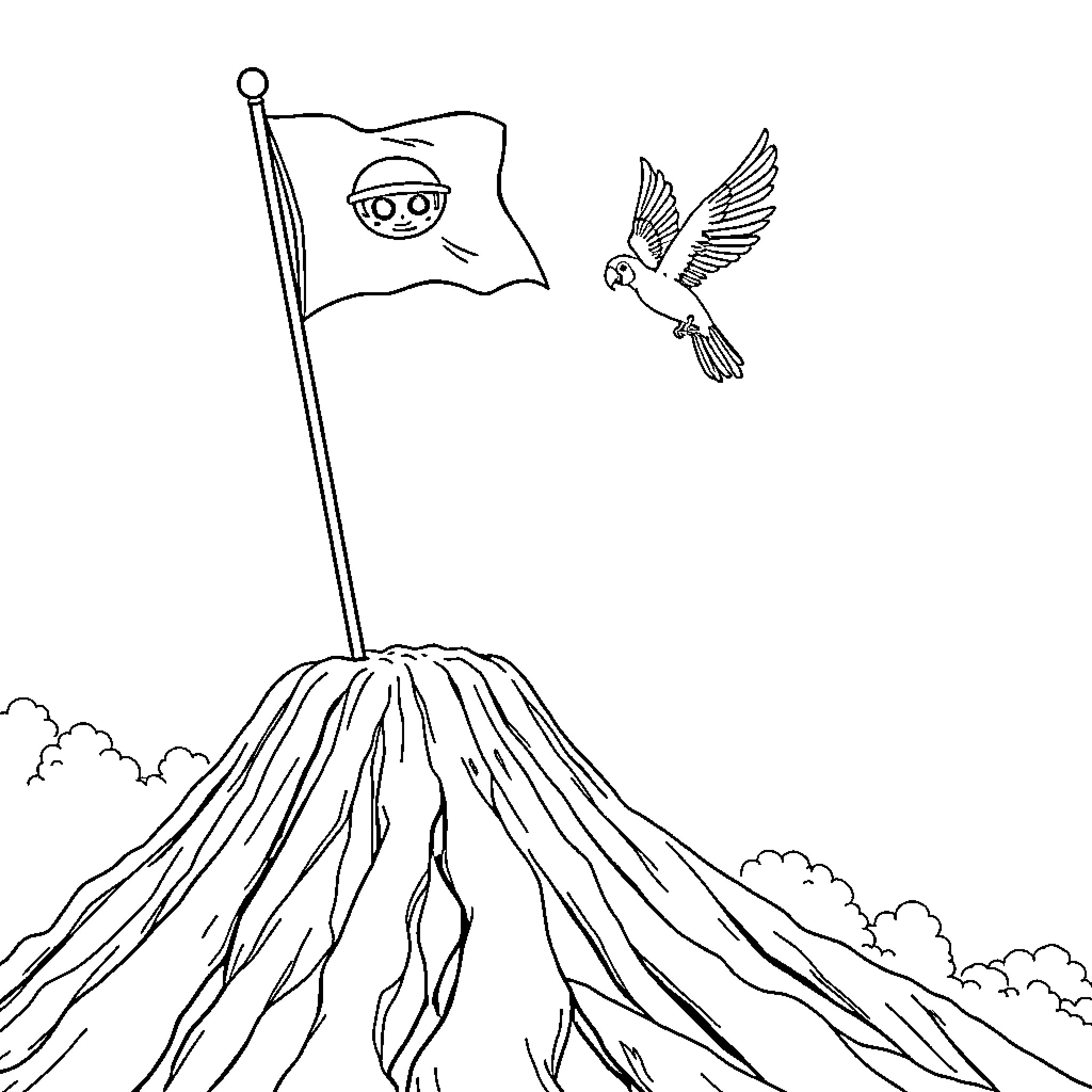 One Piece: Adventurous Flag and Soaring Bird Coloring Page (free black-and-white line drawing printable PDF for all, from beginners to advanced learners, including children, teens, adults, and seniors)