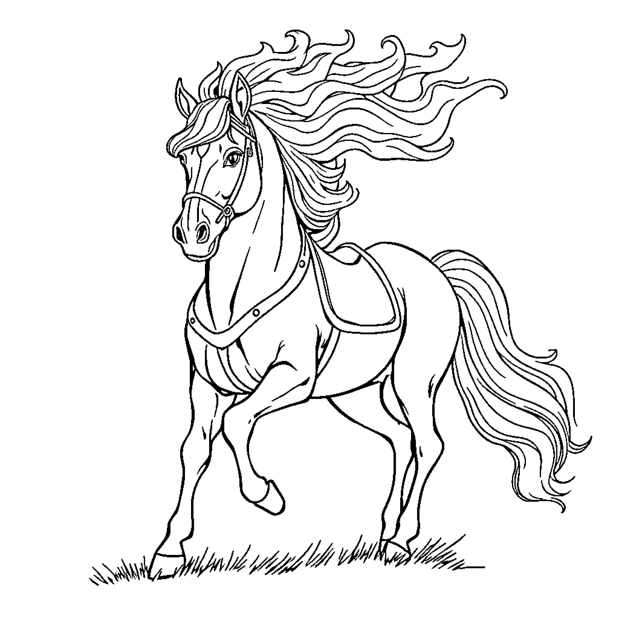 Fire Horse galloping with flowing mane and tail Coloring Page (free black-and-white line drawing printable PDF for all, from beginners to advanced learners, including children, teens, adults, and seniors)