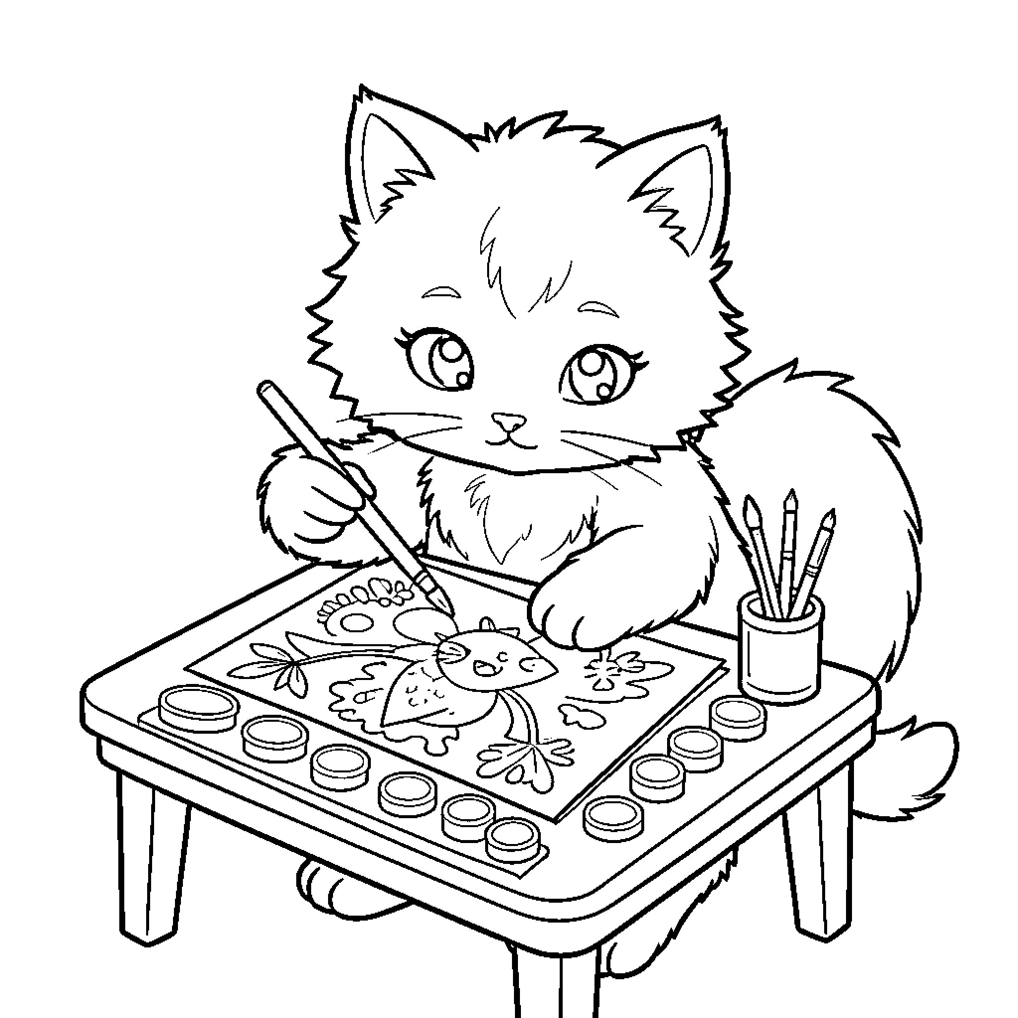 Cat painting on an easel Coloring Page (free black-and-white line drawing printable PDF for all, from beginners to advanced learners, including children, teens, adults, and seniors)