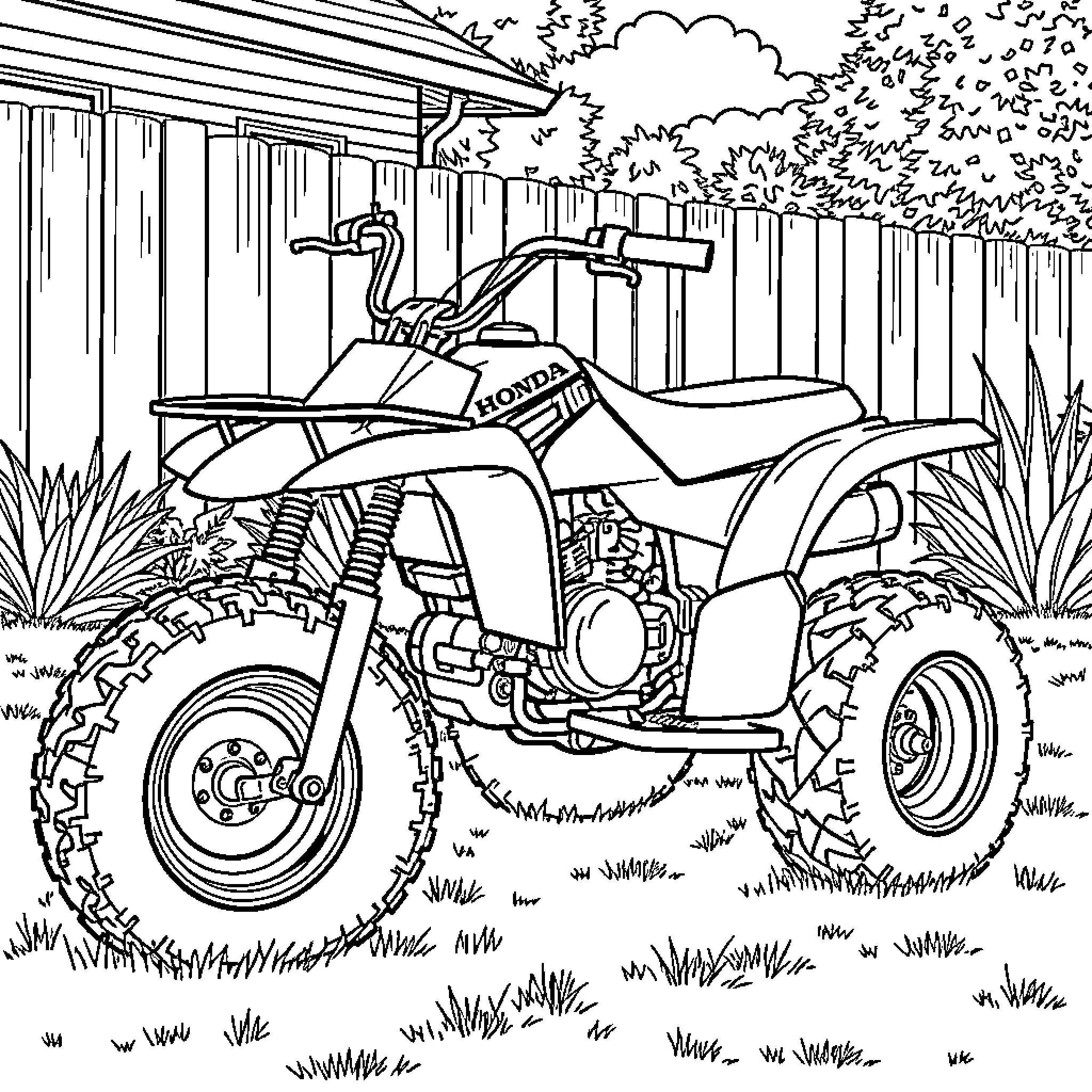 Honda ATC70 off-road vehicle in nature setting Coloring Page (free black-and-white line drawing printable PDF for all, from beginners to advanced learners, including children, teens, adults, and seniors)