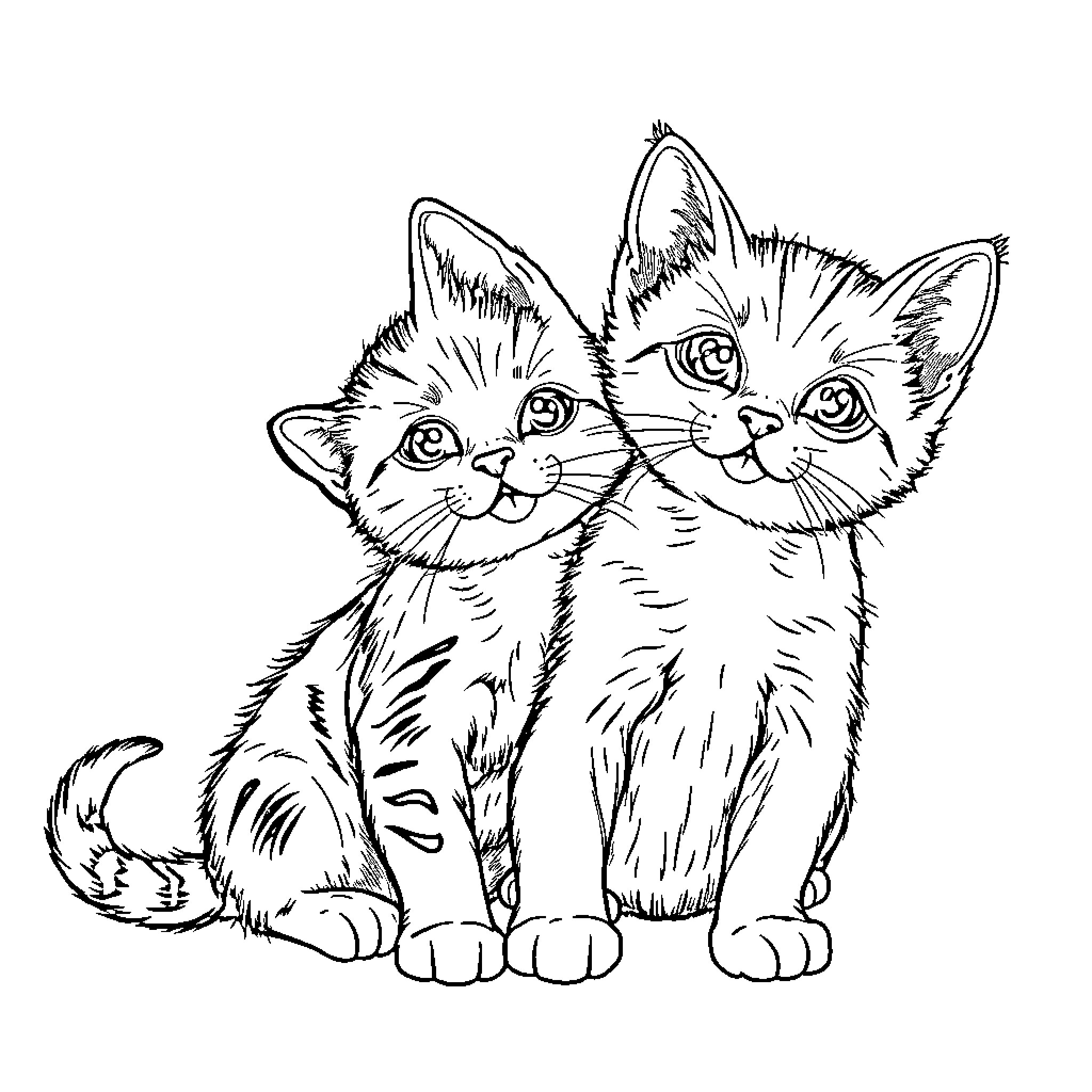 Cat kittens playing together Coloring Page (free black-and-white line drawing printable PDF for all, from beginners to advanced learners, including children, teens, adults, and seniors)