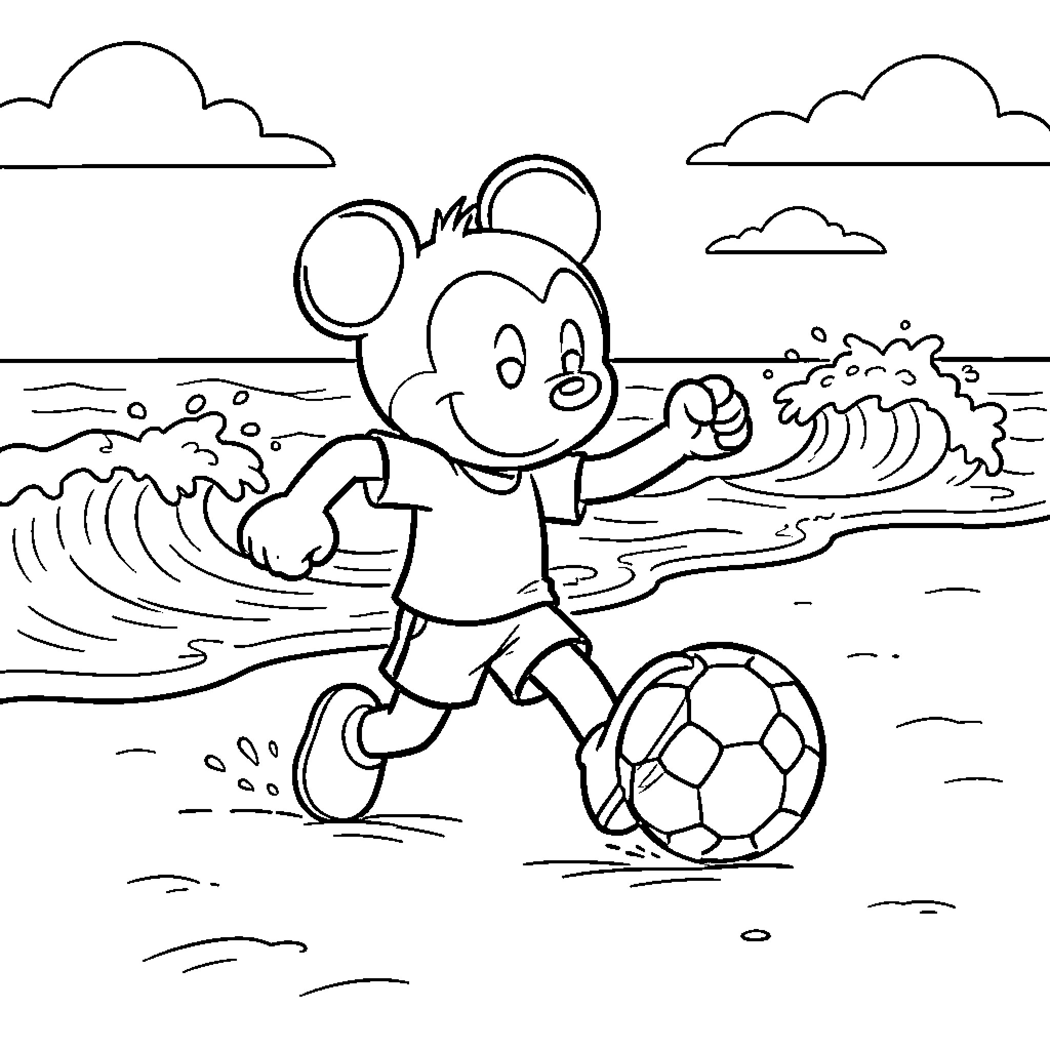 Mikey playing soccer on the sandy beach Coloring Page (free black-and-white line drawing printable PDF for all, from beginners to advanced learners, including children, teens, adults, and seniors)