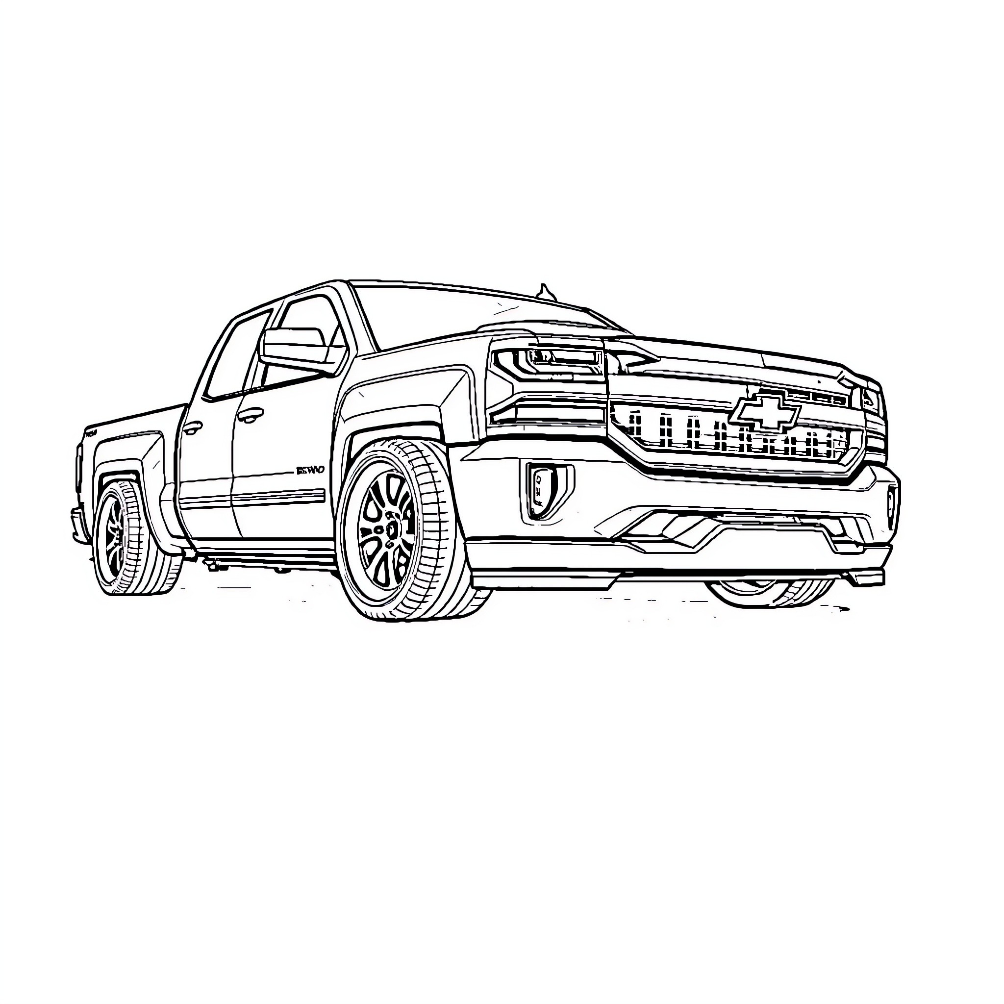 Silverado pickup truck in sleek monochrome design Coloring Page (free black-and-white line drawing printable PDF for all, from beginners to advanced learners, including children, teens, adults, and seniors)