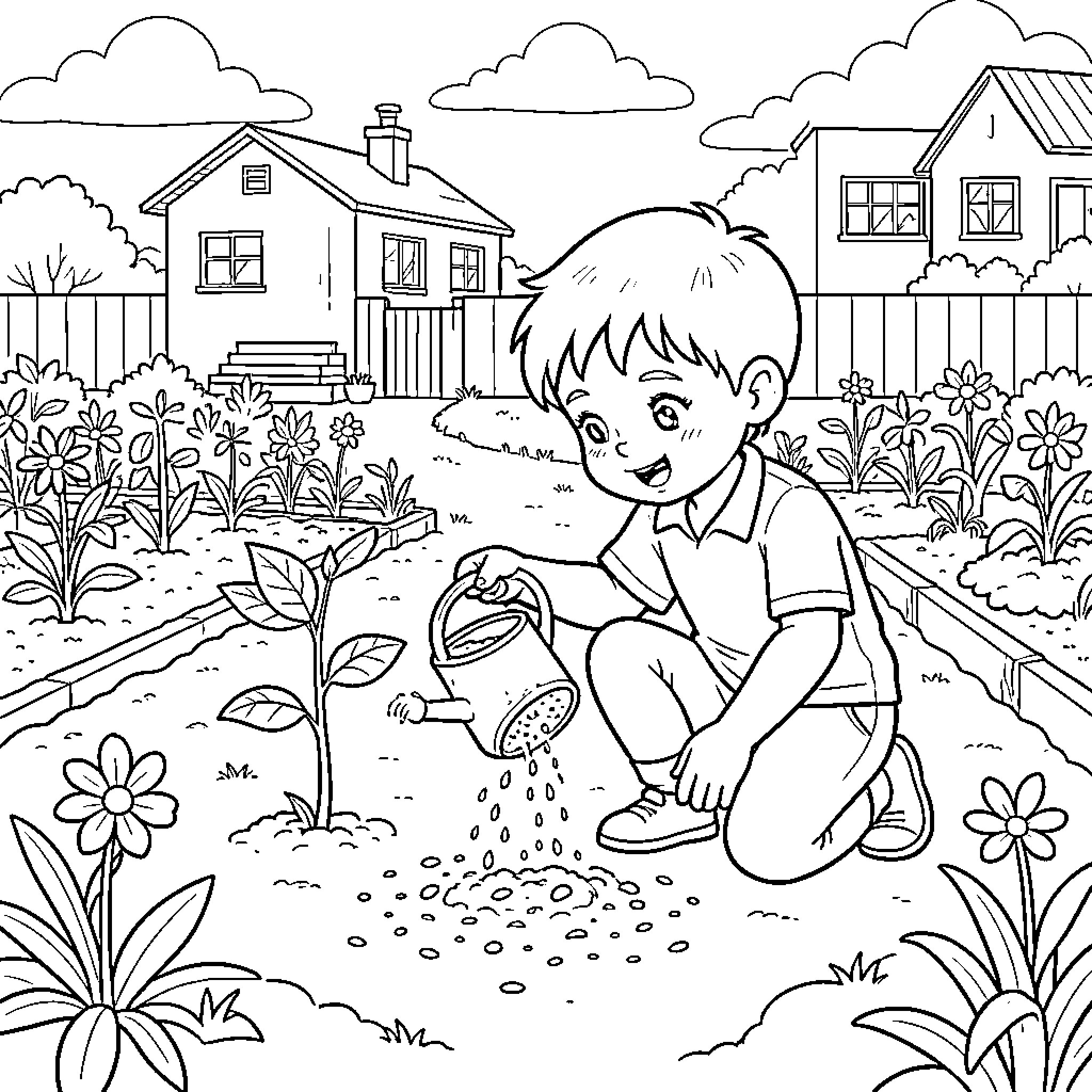 Niño watering young plants in a garden Coloring Page (free black-and-white line drawing printable PDF for all, from beginners to advanced learners, including children, teens, adults, and seniors)