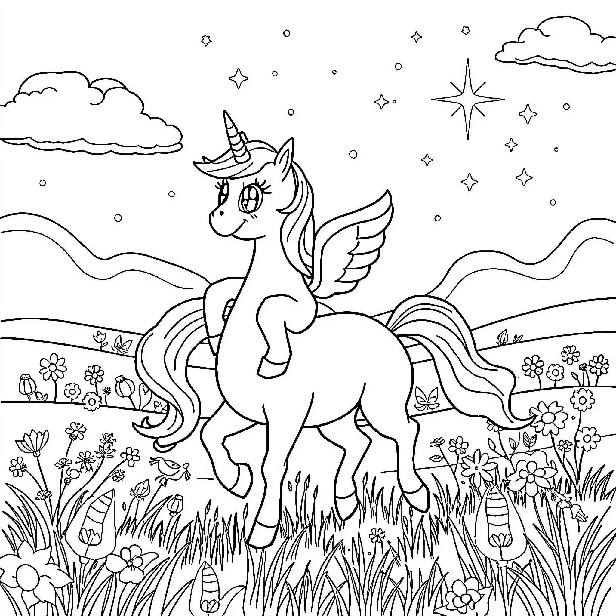 Bluey the Unicorn Frolicking in Starry Meadow Coloring Page (free black-and-white line drawing printable PDF for all, from beginners to advanced learners, including children, teens, adults, and seniors)