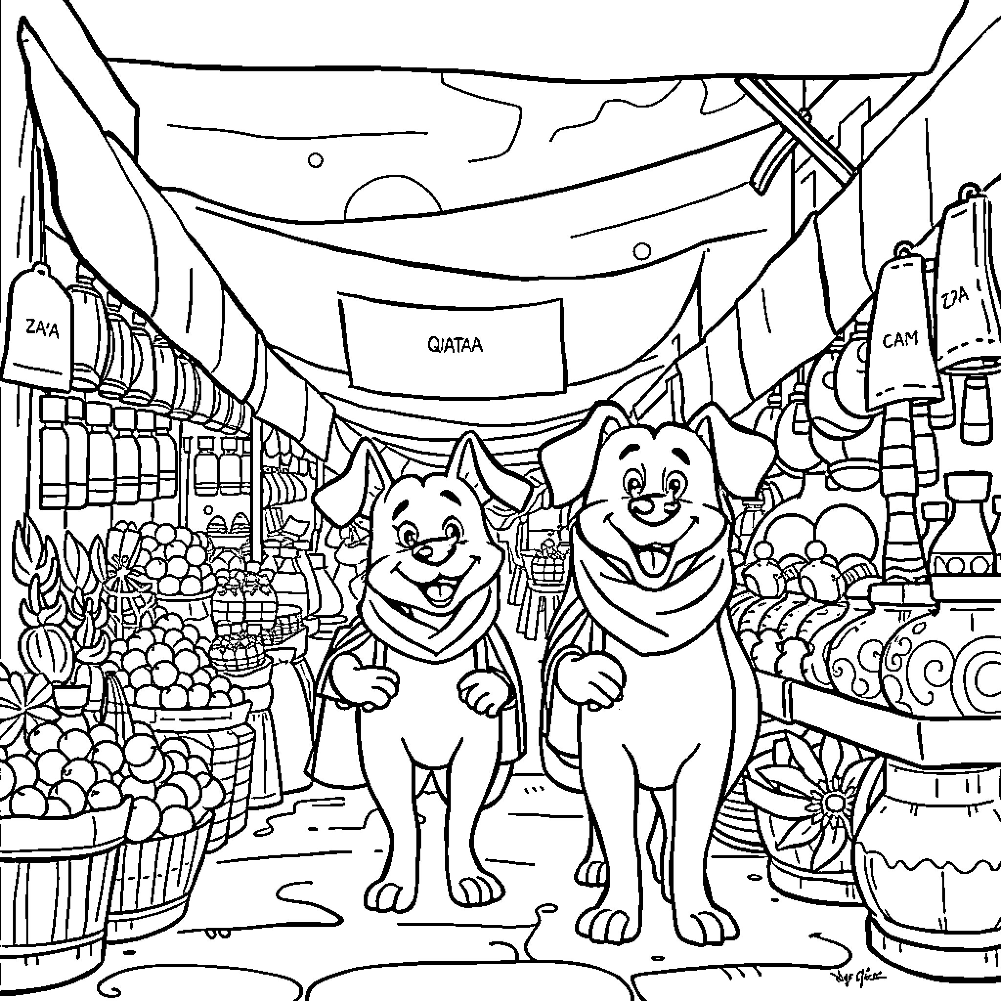 Paw Patrol Exploring a Vibrant Marketplace Coloring Page (free black-and-white line drawing printable PDF for all, from beginners to advanced learners, including children, teens, adults, and seniors)