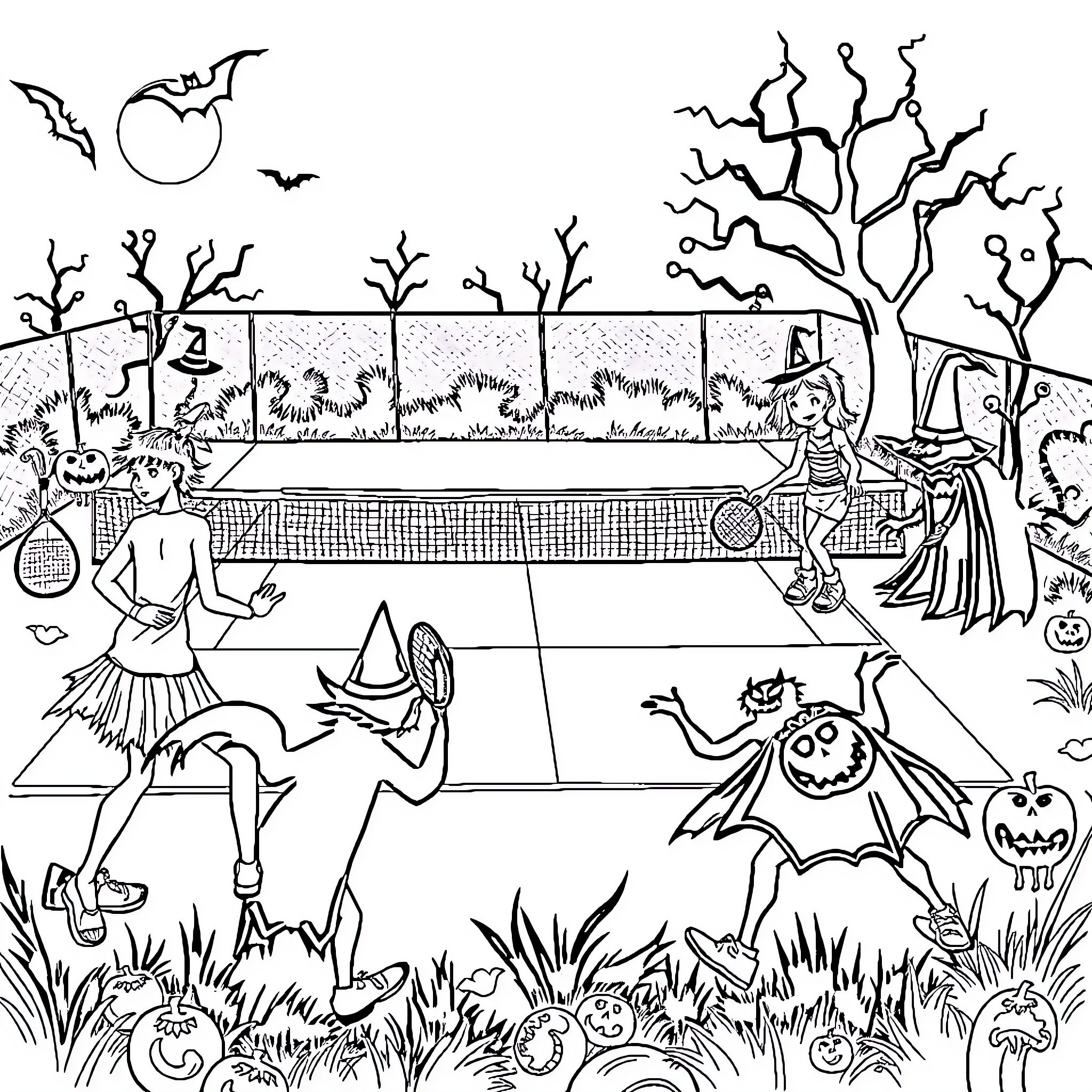 Tennis match in a spooky Halloween scene Coloring Page (free black-and-white line drawing printable PDF for all, from beginners to advanced learners, including children, teens, adults, and seniors)