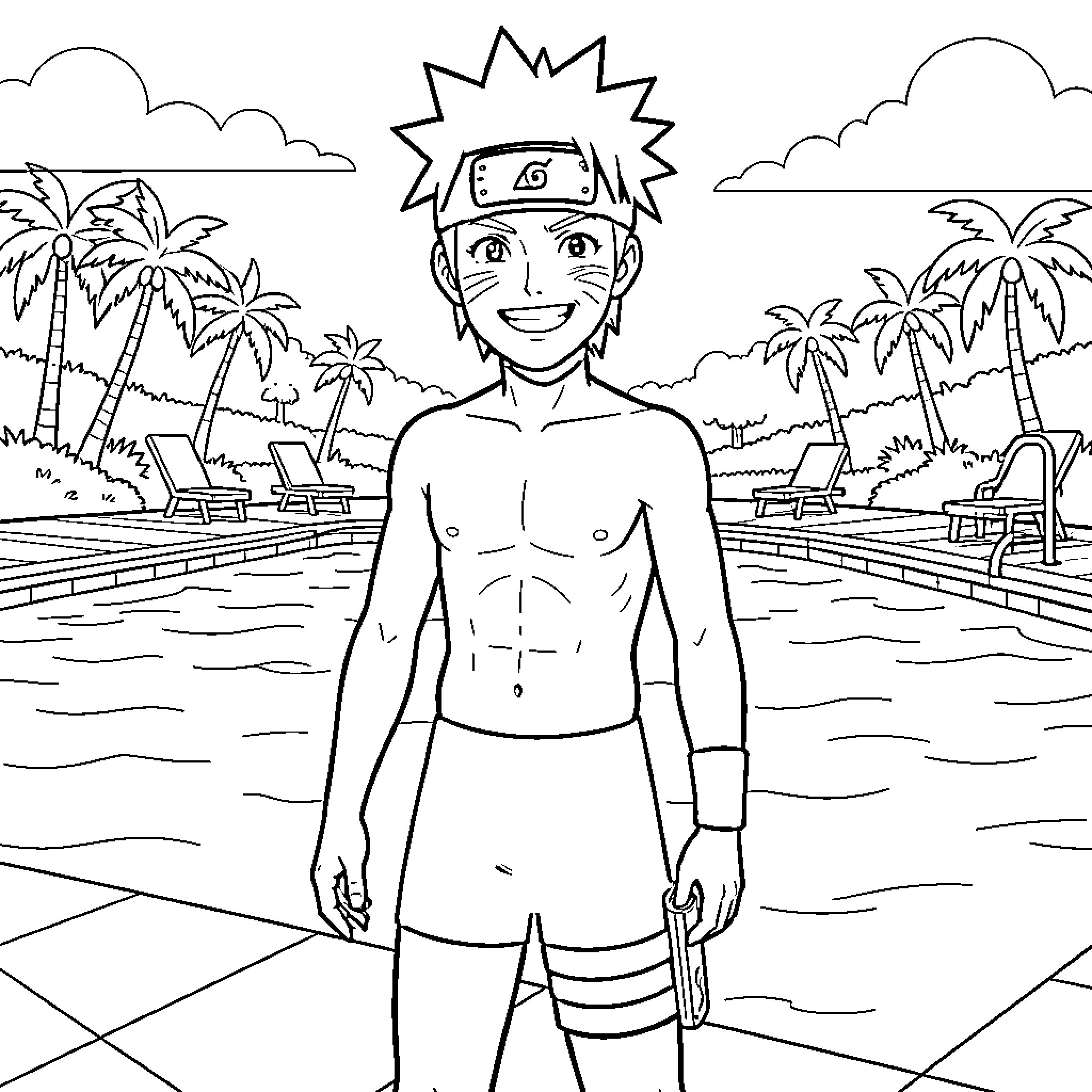 Naruto smiling standing by a swimming pool Coloring Page (free black-and-white line drawing printable PDF for all, from beginners to advanced learners, including children, teens, adults, and seniors)