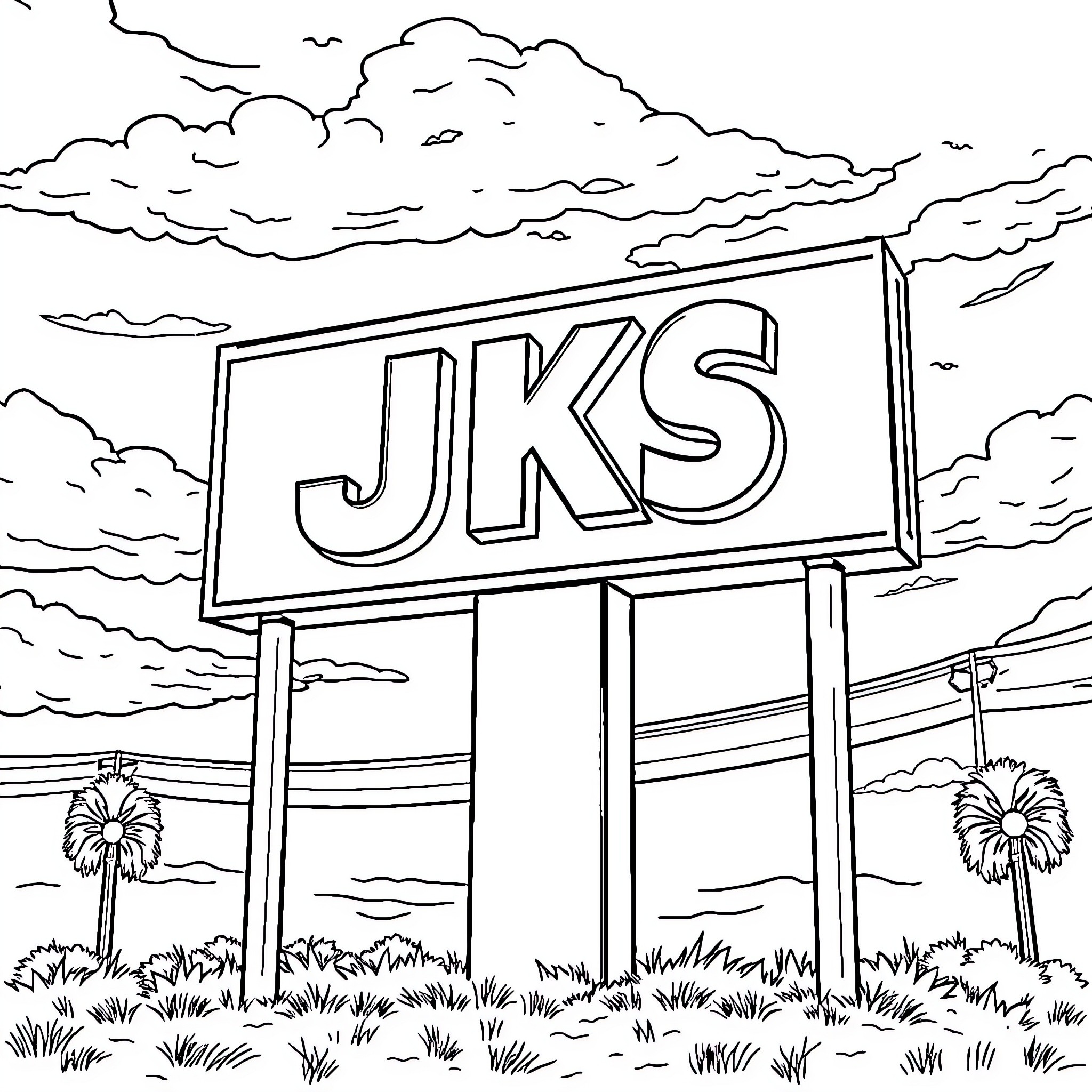 Sign for a business called JKS under cloudy sky Coloring Page (free black-and-white line drawing printable PDF for all, from beginners to advanced learners, including children, teens, adults, and seniors)