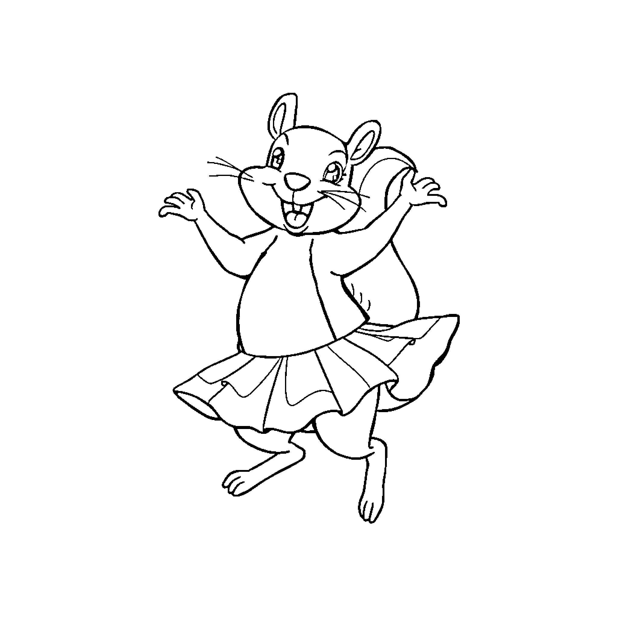 Squirrel dancing joyfully in a skirt Coloring Page (free black-and-white line drawing printable PDF for all, from beginners to advanced learners, including children, teens, adults, and seniors)