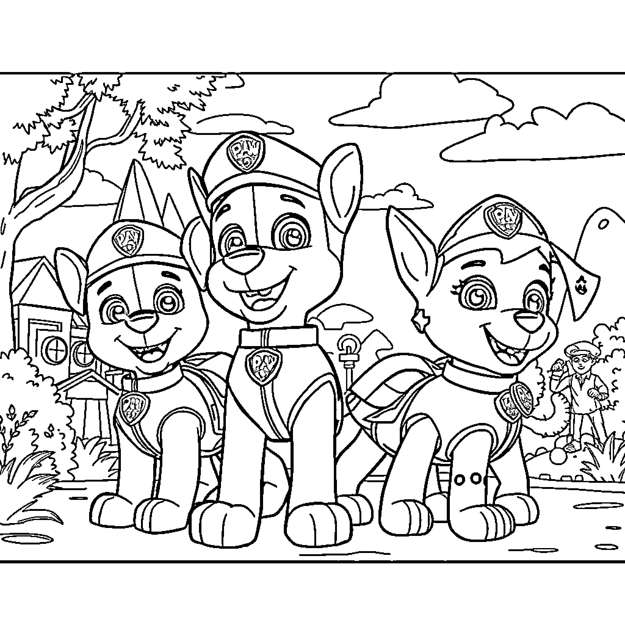 Paw Patrol Pups Ready for Adventure Coloring Page (free black-and-white line drawing printable PDF for all, from beginners to advanced learners, including children, teens, adults, and seniors)