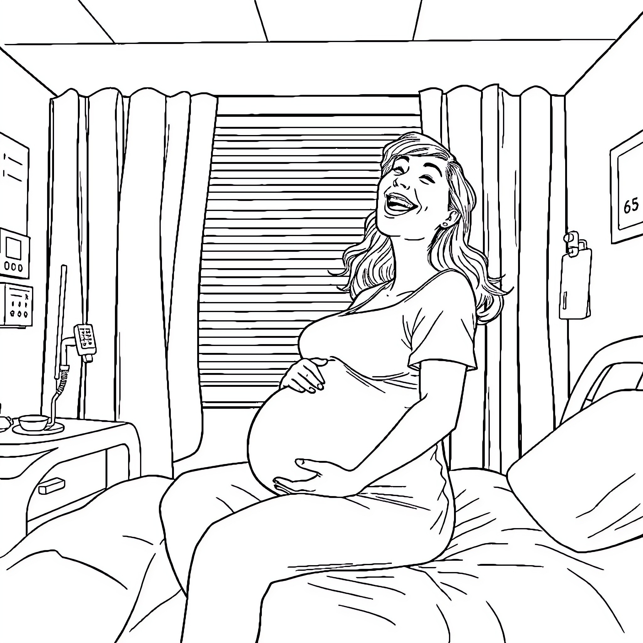 Lady Resting Peacefully in Cozy Room Coloring Page (free black-and-white line drawing printable PDF for all, from beginners to advanced learners, including children, teens, adults, and seniors)