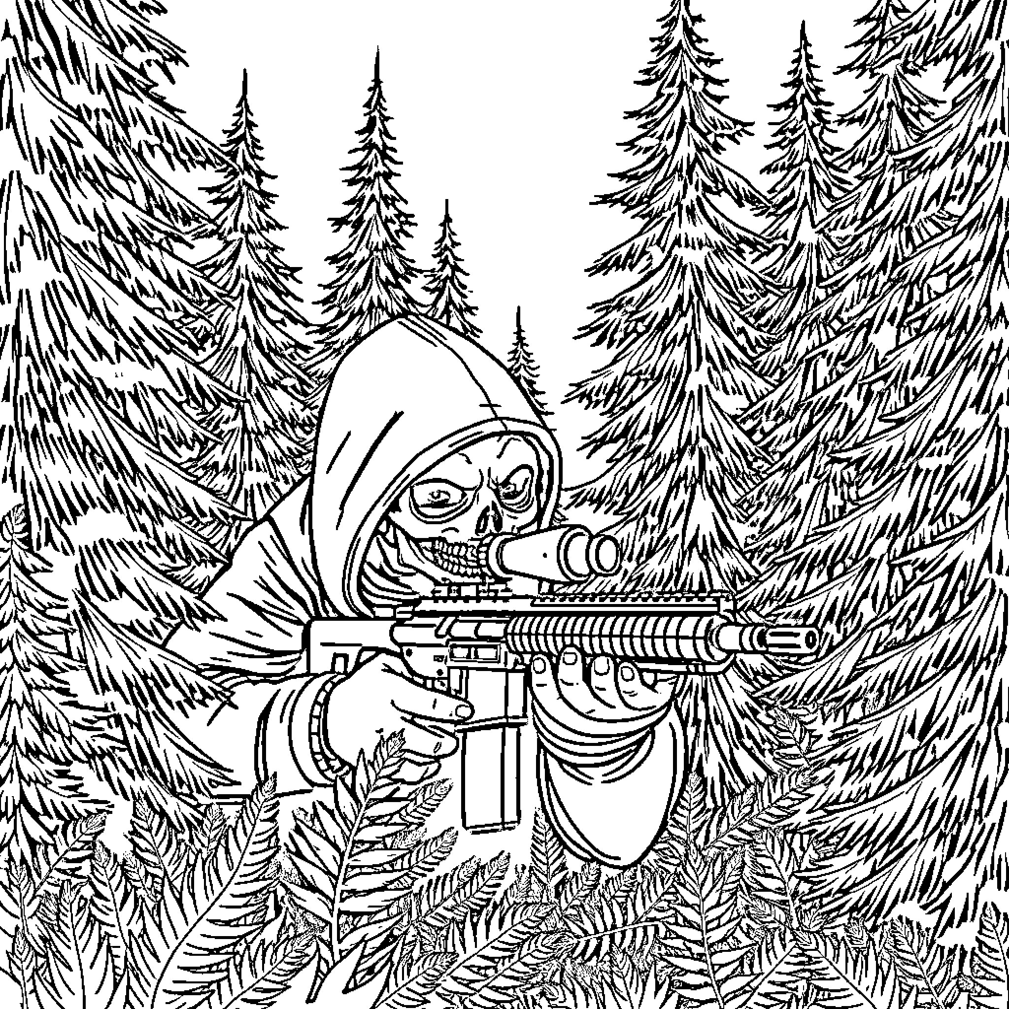 Sniper stalking through the dense forest Coloring Page (free black-and-white line drawing printable PDF for all, from beginners to advanced learners, including children, teens, adults, and seniors)