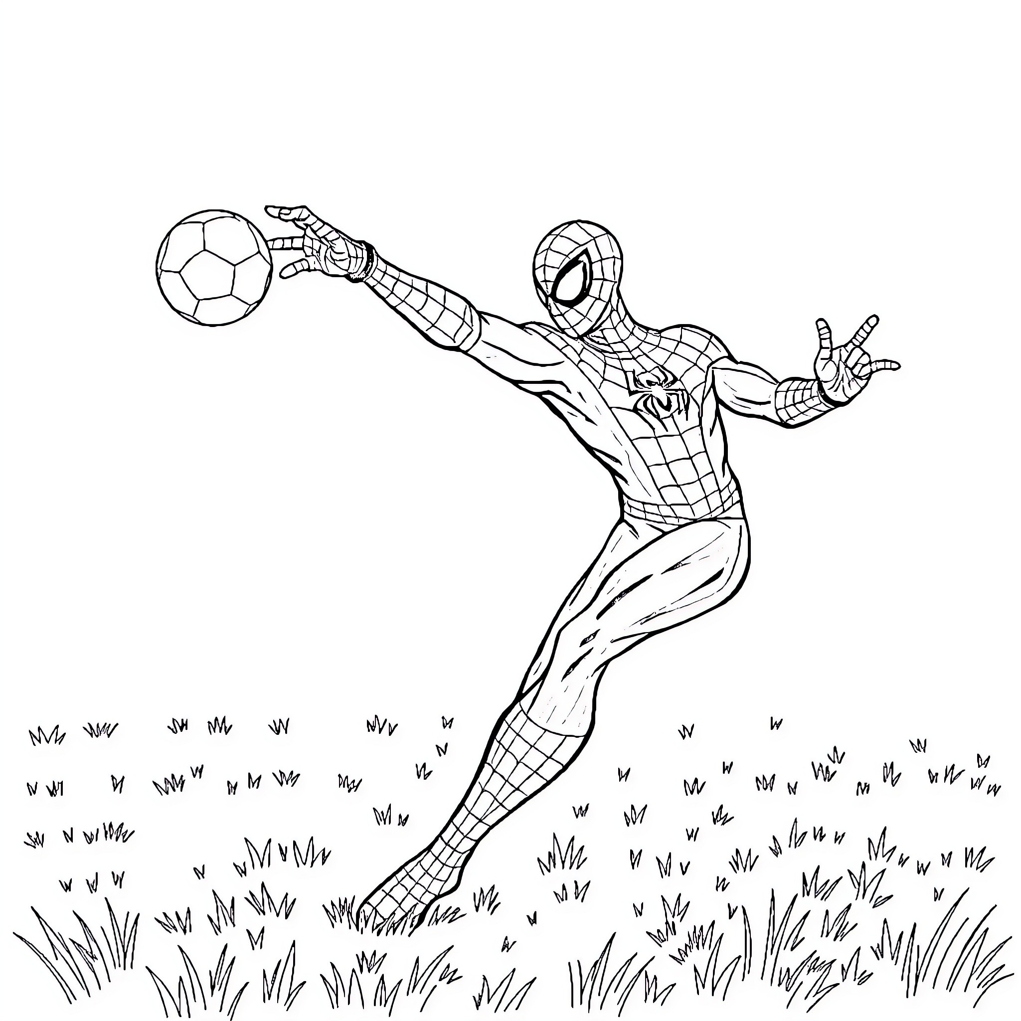 Spiderman playing soccer in the park Coloring Page (free black-and-white line drawing printable PDF for all, from beginners to advanced learners, including children, teens, adults, and seniors)