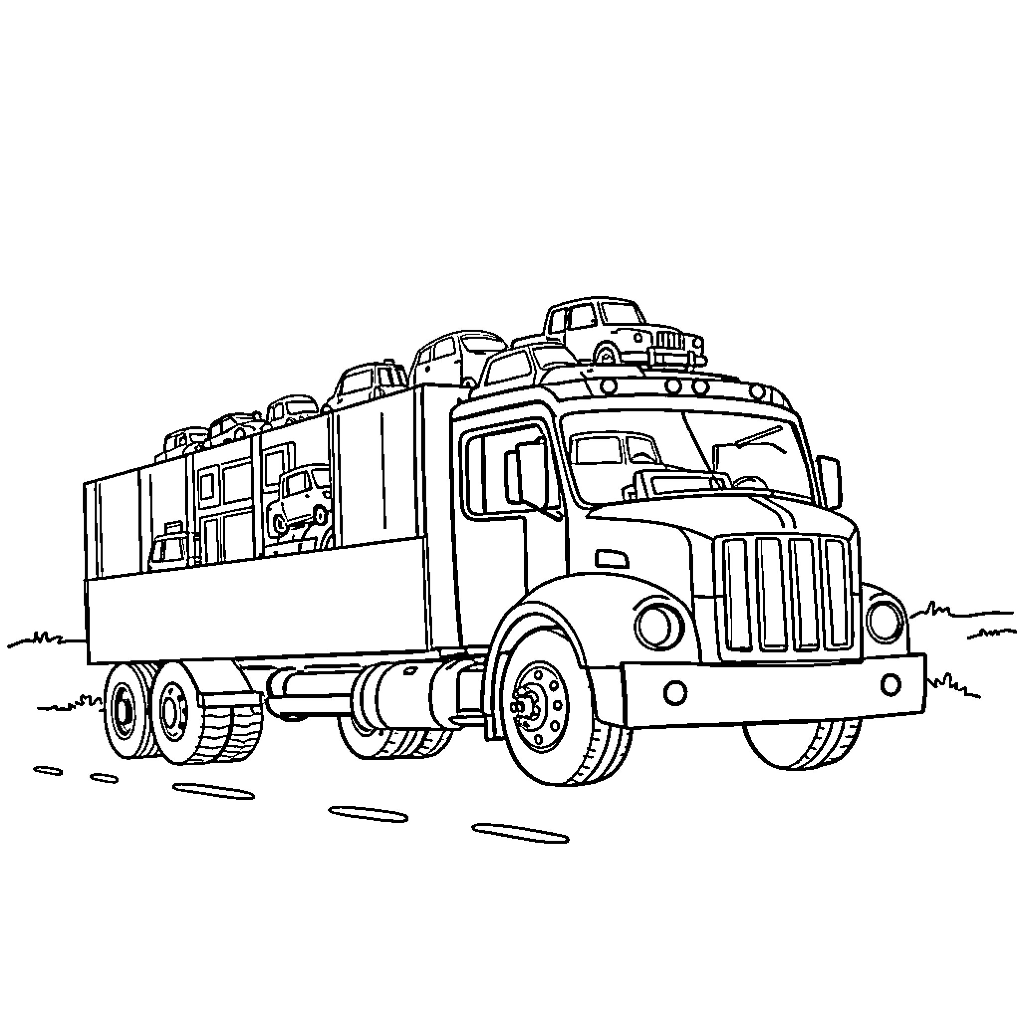 Truck transporting various vehicles on the road Coloring Page (free black-and-white line drawing printable PDF for all, from beginners to advanced learners, including children, teens, adults, and seniors)
