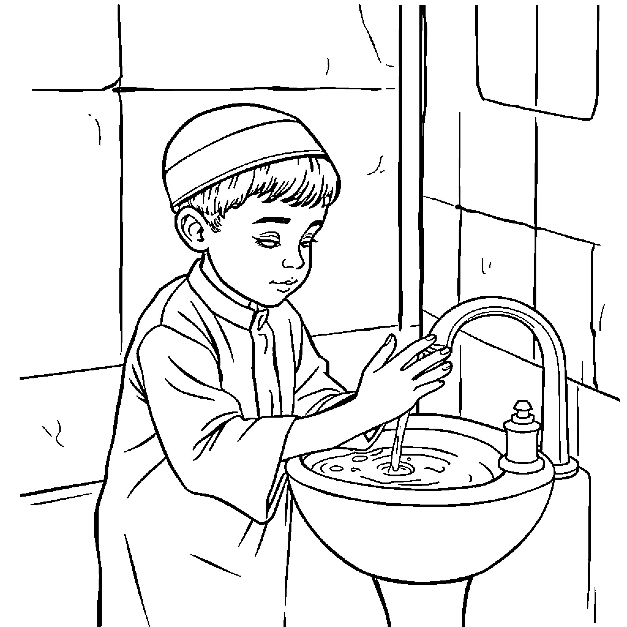Muslim Boy Performing Ablution in the Bathroom Coloring Page (free black-and-white line drawing printable PDF for all, from beginners to advanced learners, including children, teens, adults, and seniors)