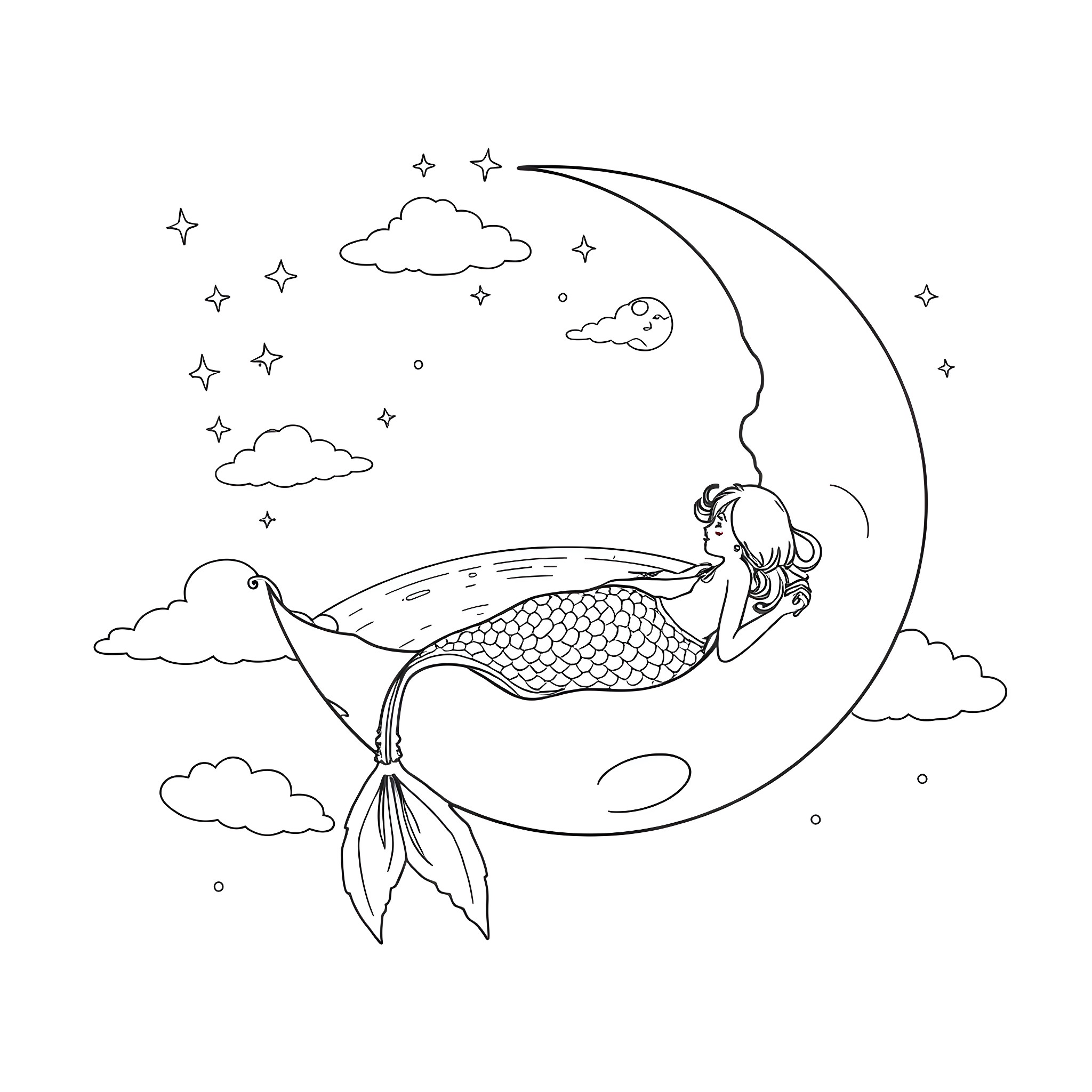 Mermaid resting on the crescent moon Coloring Page (free black-and-white line drawing printable PDF for all, from beginners to advanced learners, including children, teens, adults, and seniors)