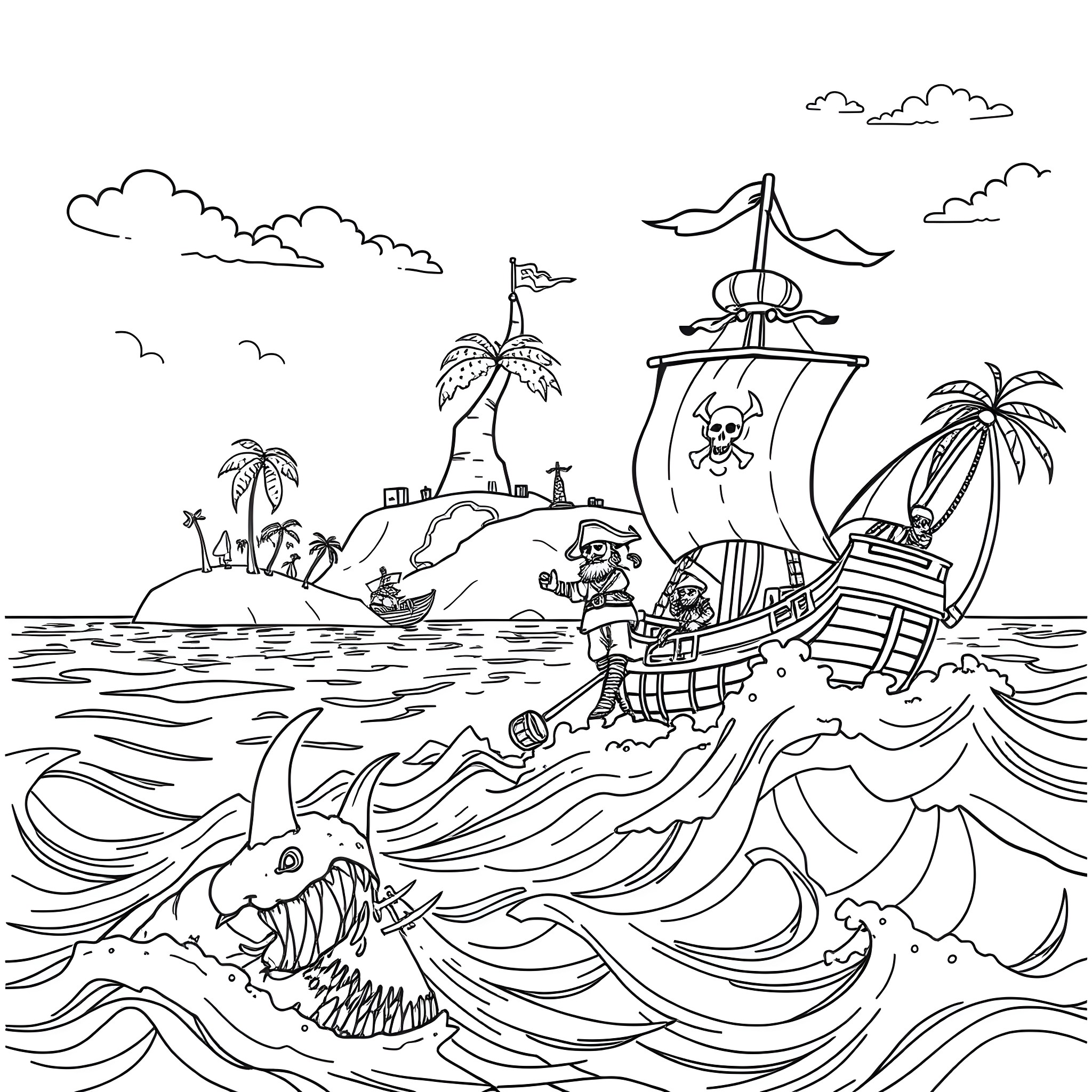 Sea Adventure with Pirates and Tropical Island Coloring Page (free black-and-white line drawing printable PDF for all, from beginners to advanced learners, including children, teens, adults, and seniors)