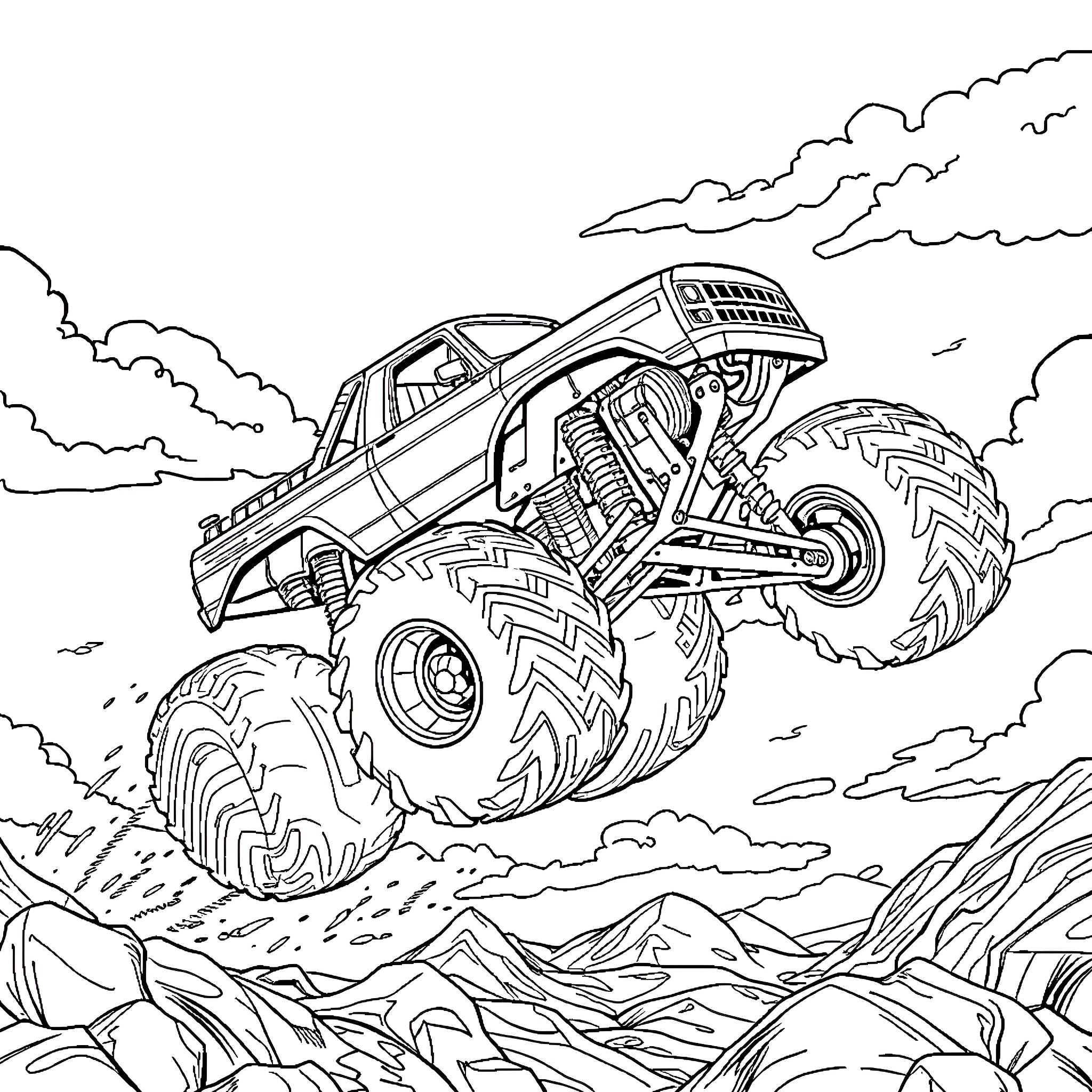 Monster Truck Soaring Over Rugged Terrain Coloring Page (free black-and-white line drawing printable PDF for all, from beginners to advanced learners, including children, teens, adults, and seniors)