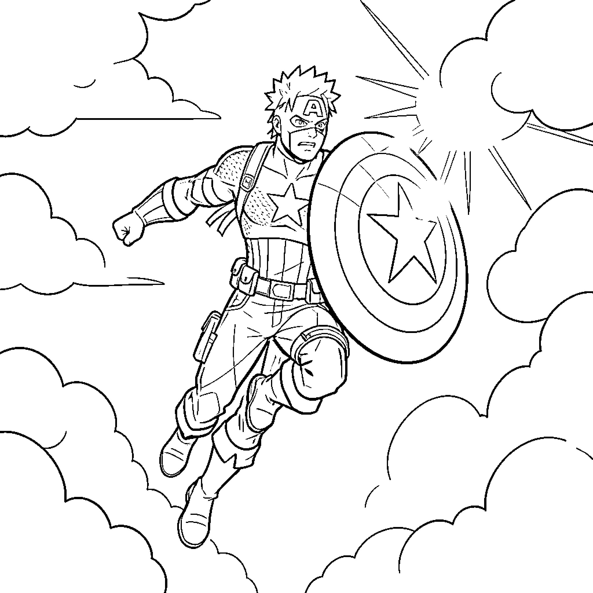 Captain America heroically leaping through the sky Coloring Page (free black-and-white line drawing printable PDF for all, from beginners to advanced learners, including children, teens, adults, and seniors)