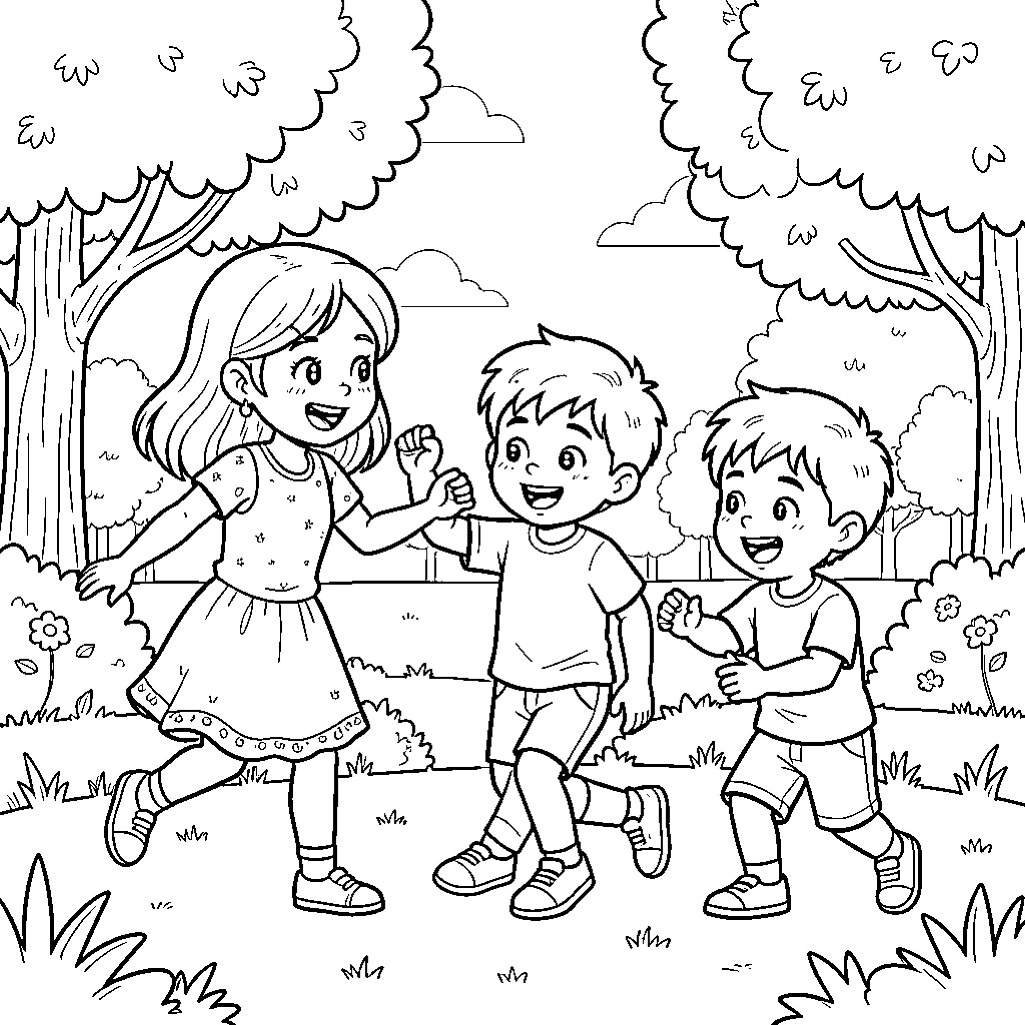 Child playing and running joyfully in a park Coloring Page (free black-and-white line drawing printable PDF for all, from beginners to advanced learners, including children, teens, adults, and seniors)