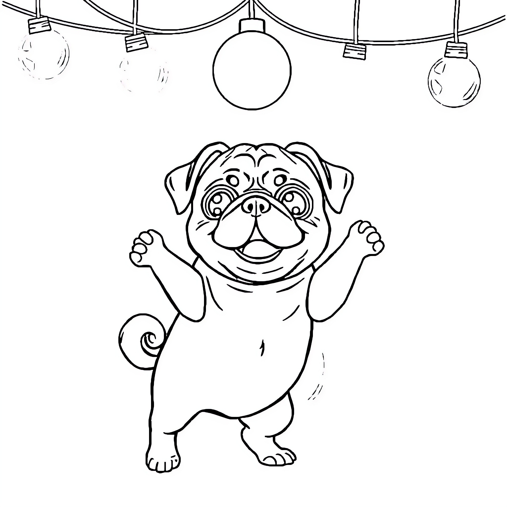 Pug enjoying holiday lights and decorations Coloring Page (free black-and-white line drawing printable PDF for all, from beginners to advanced learners, including children, teens, adults, and seniors)