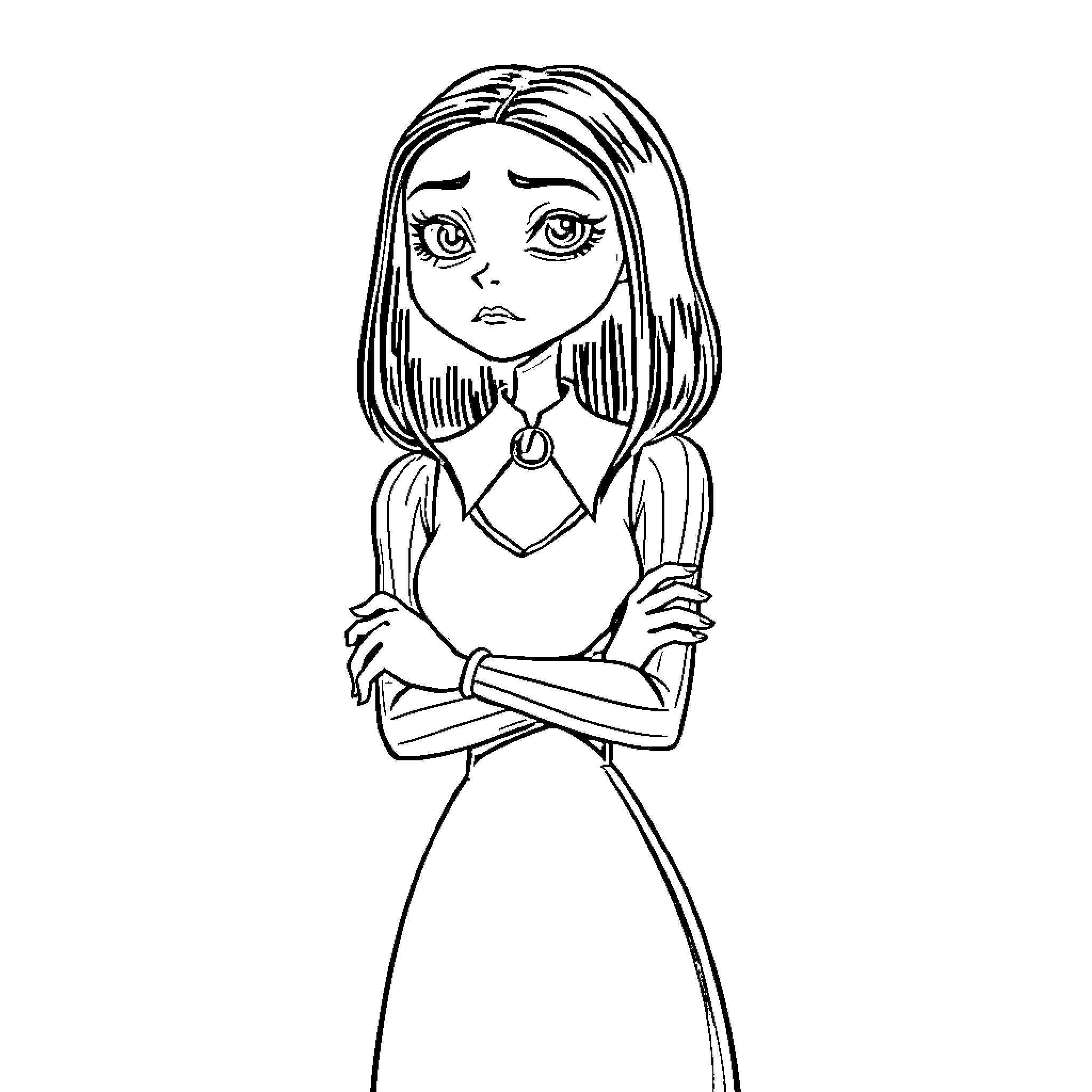 Wednesday girl with folded arms and serious expression Coloring Page (free black-and-white line drawing printable PDF for all, from beginners to advanced learners, including children, teens, adults, and seniors)