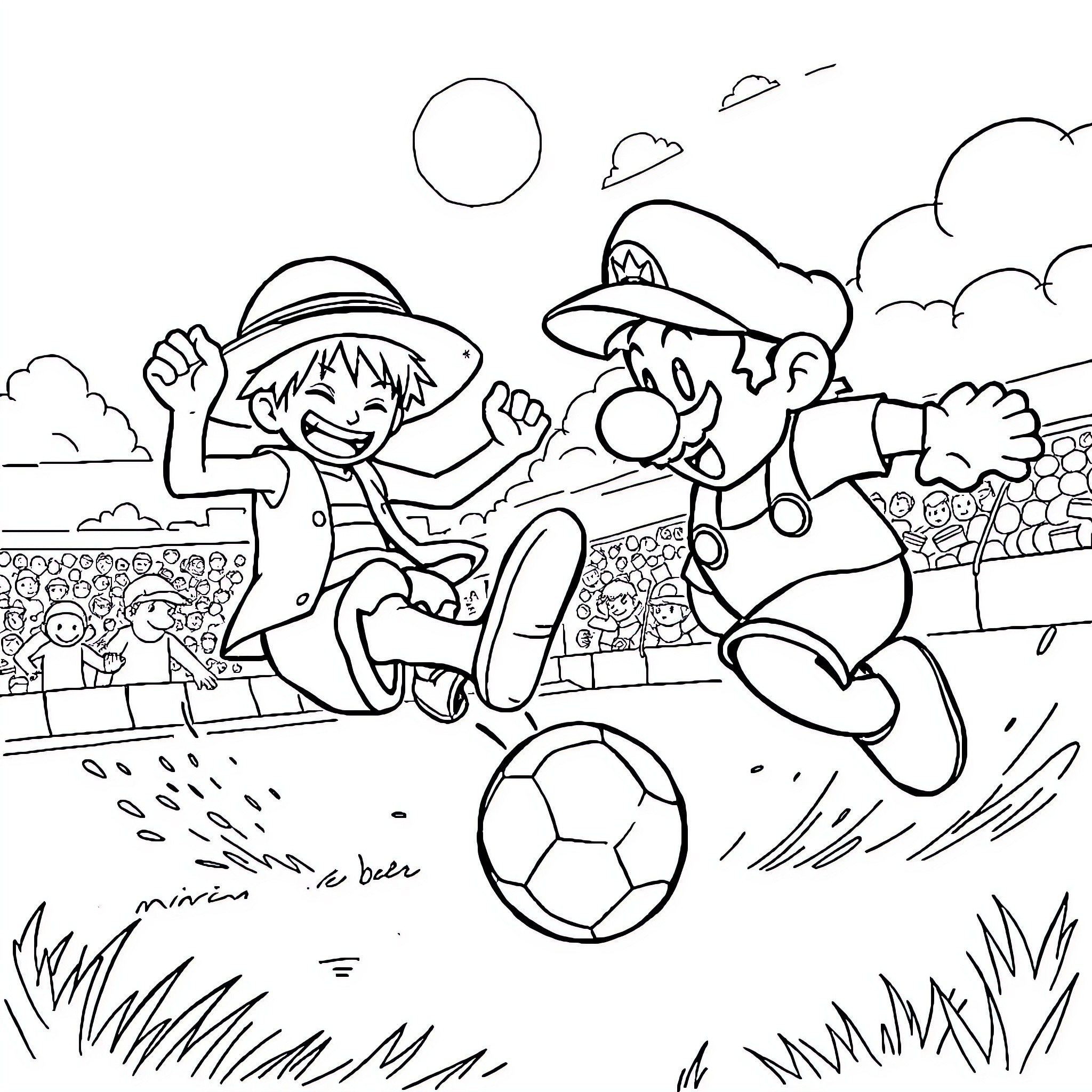 Luffy and friends playing soccer in the park Coloring Page (free black-and-white line drawing printable PDF for all, from beginners to advanced learners, including children, teens, adults, and seniors)