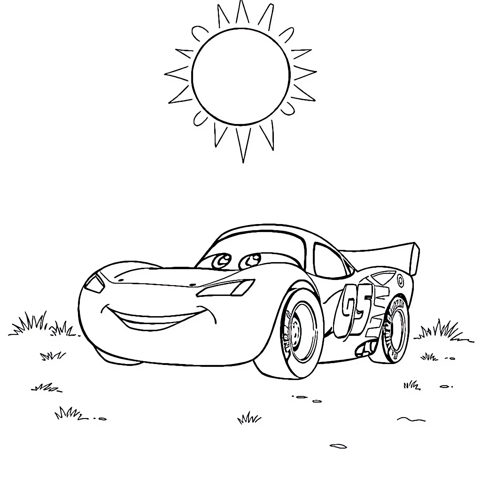 Lightning McQueen races under the sun Coloring Page (free black-and-white line drawing printable PDF for all, from beginners to advanced learners, including children, teens, adults, and seniors)