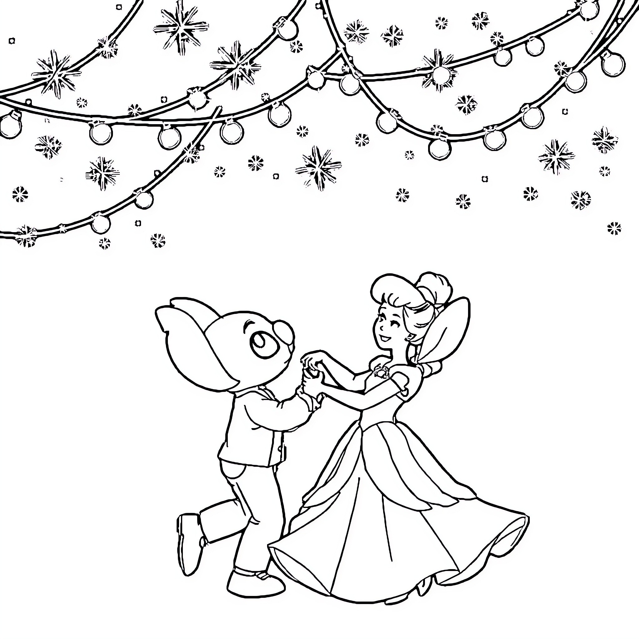 Stitch dancing happily with princess under fairy lights Coloring Page (free black-and-white line drawing printable PDF for all, from beginners to advanced learners, including children, teens, adults, and seniors)