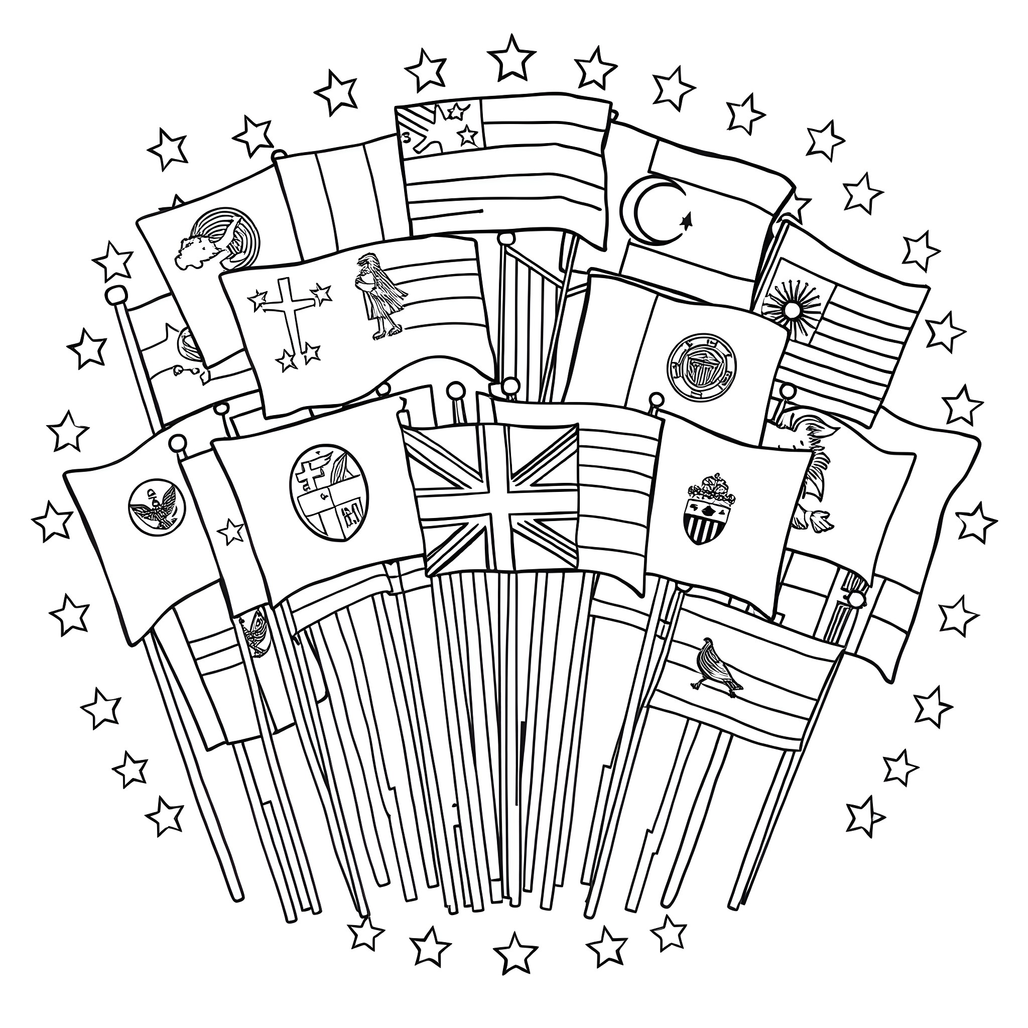 Flags of the world in a coloring page Coloring Page (free black-and-white line drawing printable PDF for all, from beginners to advanced learners, including children, teens, adults, and seniors)
