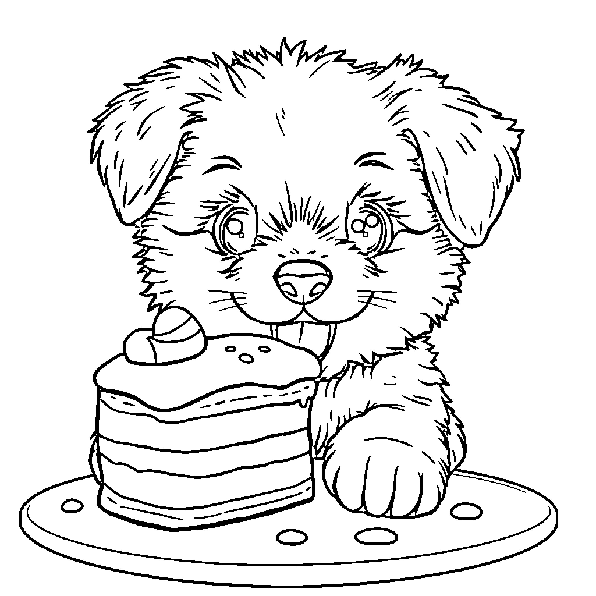 Puppy enjoying a birthday cake Coloring Page (free black-and-white line drawing printable PDF for all, from beginners to advanced learners, including children, teens, adults, and seniors)