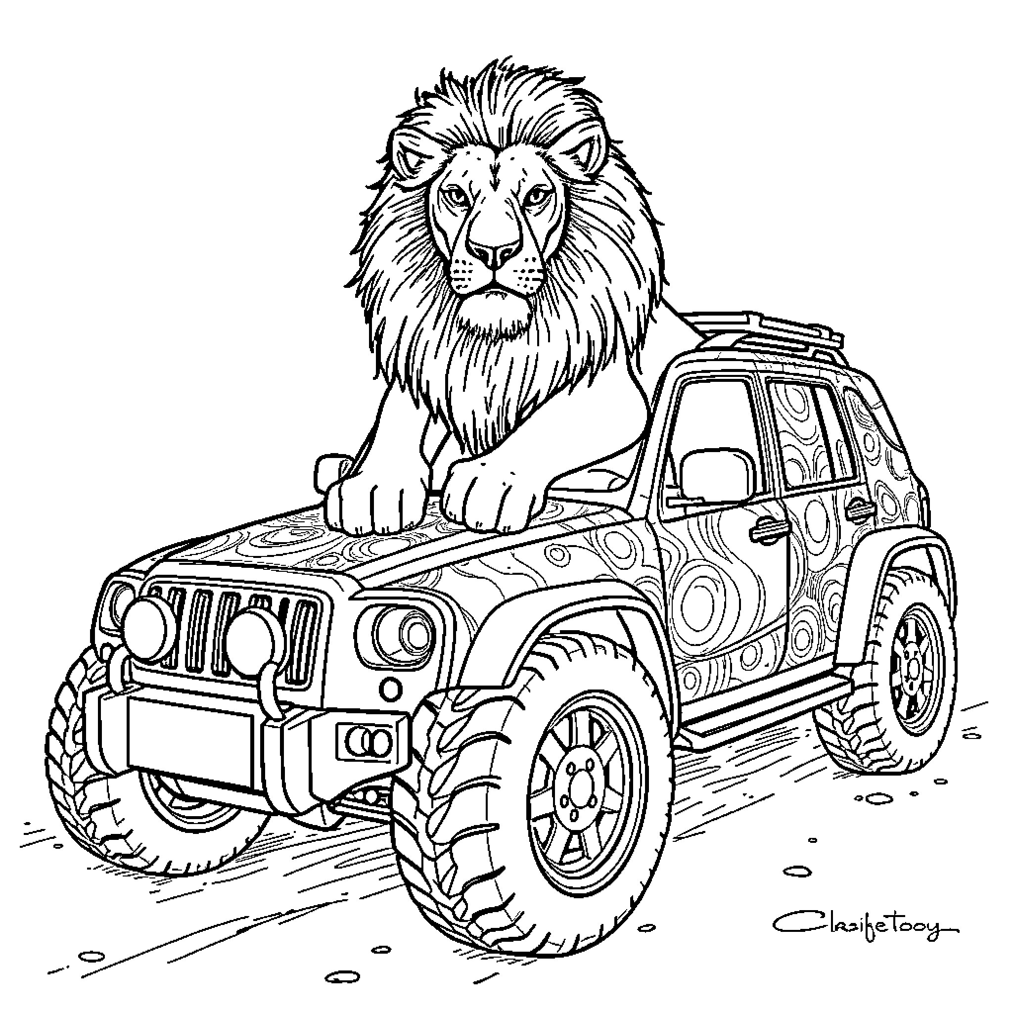 Car Carrying Majestic Lion on Safari Adventure Coloring Page (free black-and-white line drawing printable PDF for all, from beginners to advanced learners, including children, teens, adults, and seniors)