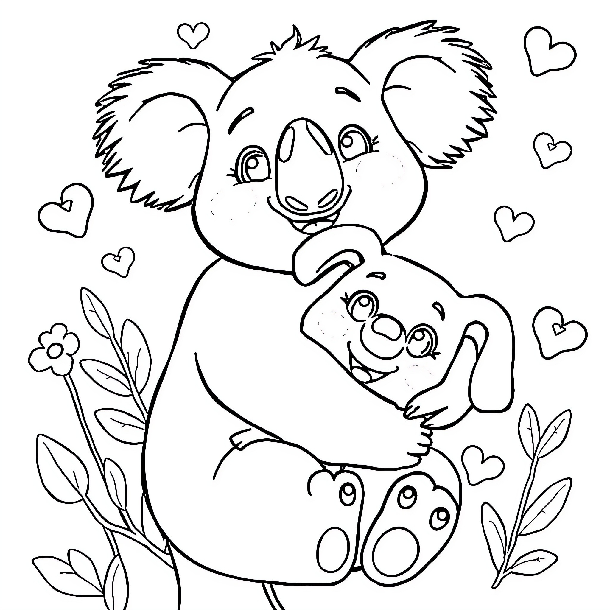 Koala bears cuddling with hearts and flowers Coloring Page (free black-and-white line drawing printable PDF for all, from beginners to advanced learners, including children, teens, adults, and seniors)