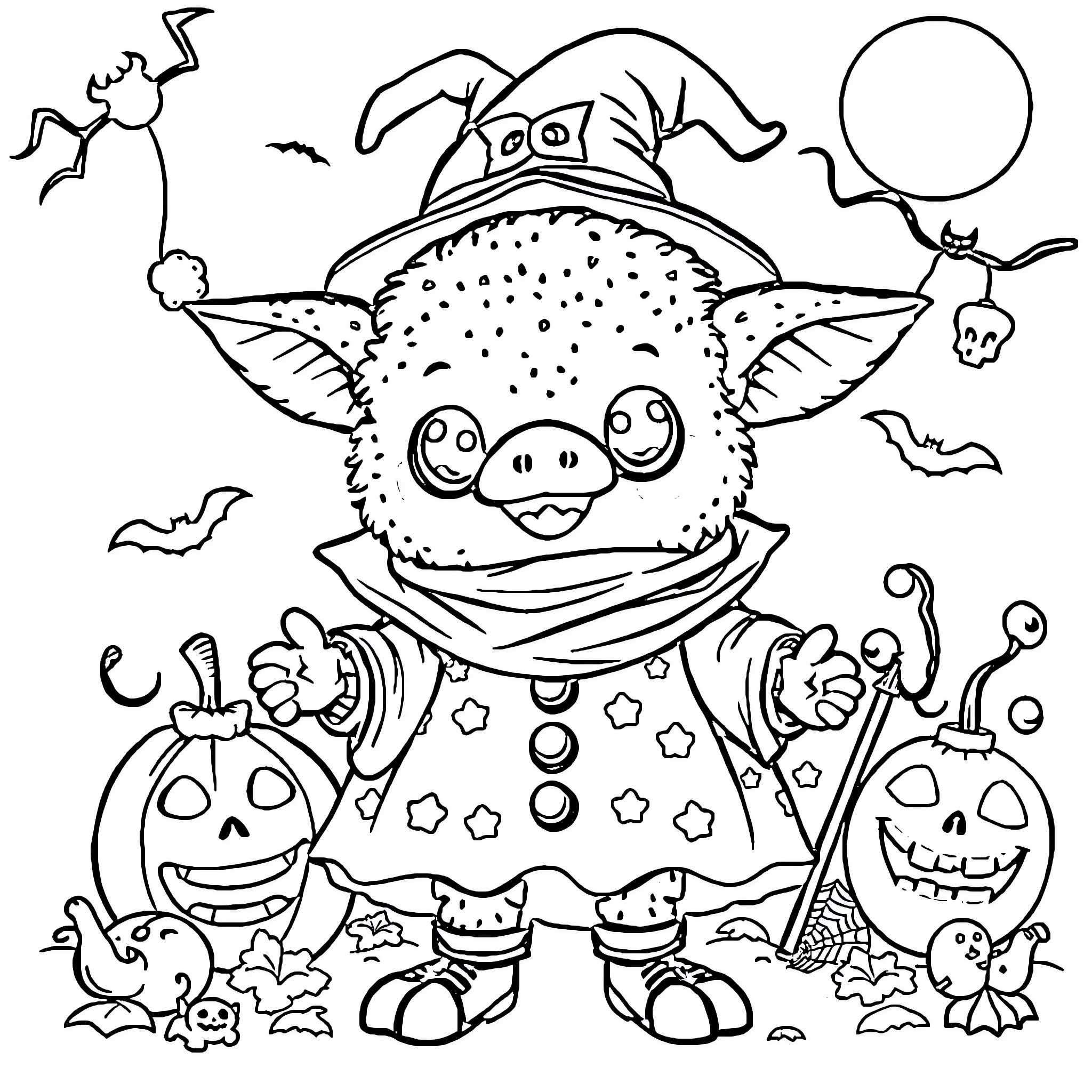 Labubu's Whimsical Halloween Celebration Coloring Page (free black-and-white line drawing printable PDF for all, from beginners to advanced learners, including children, teens, adults, and seniors)