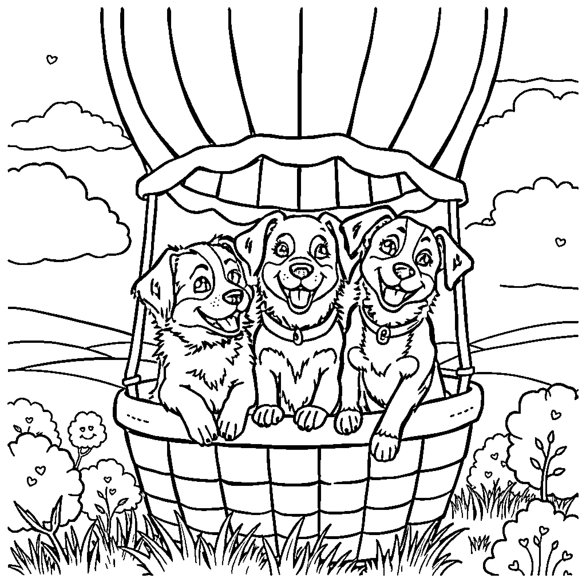 Dog Trio Enjoying Ride in Decorated Basket Coloring Page (free black-and-white line drawing printable PDF for all, from beginners to advanced learners, including children, teens, adults, and seniors)