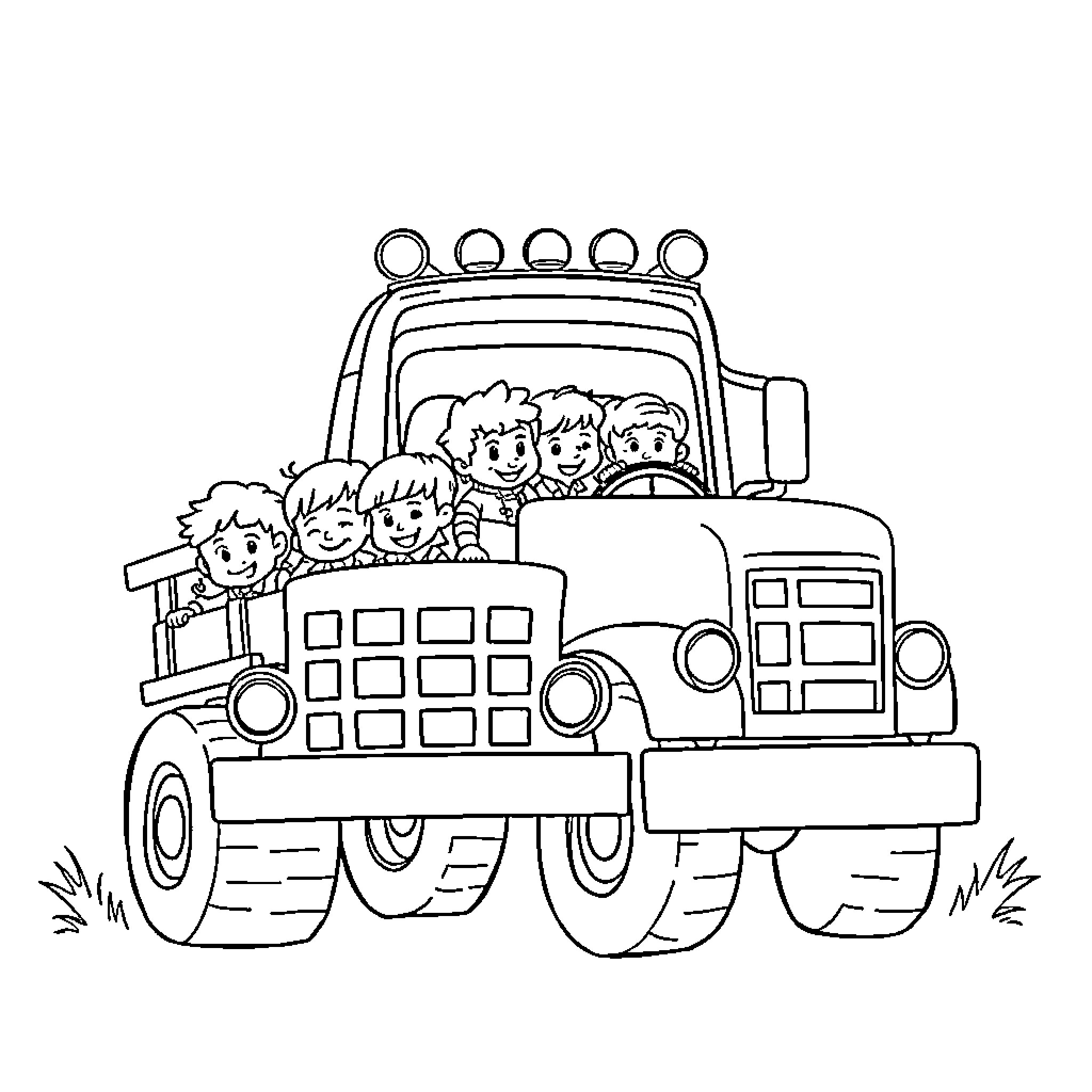 Child passengers in a large utility vehicle Coloring Page (free black-and-white line drawing printable PDF for all, from beginners to advanced learners, including children, teens, adults, and seniors)