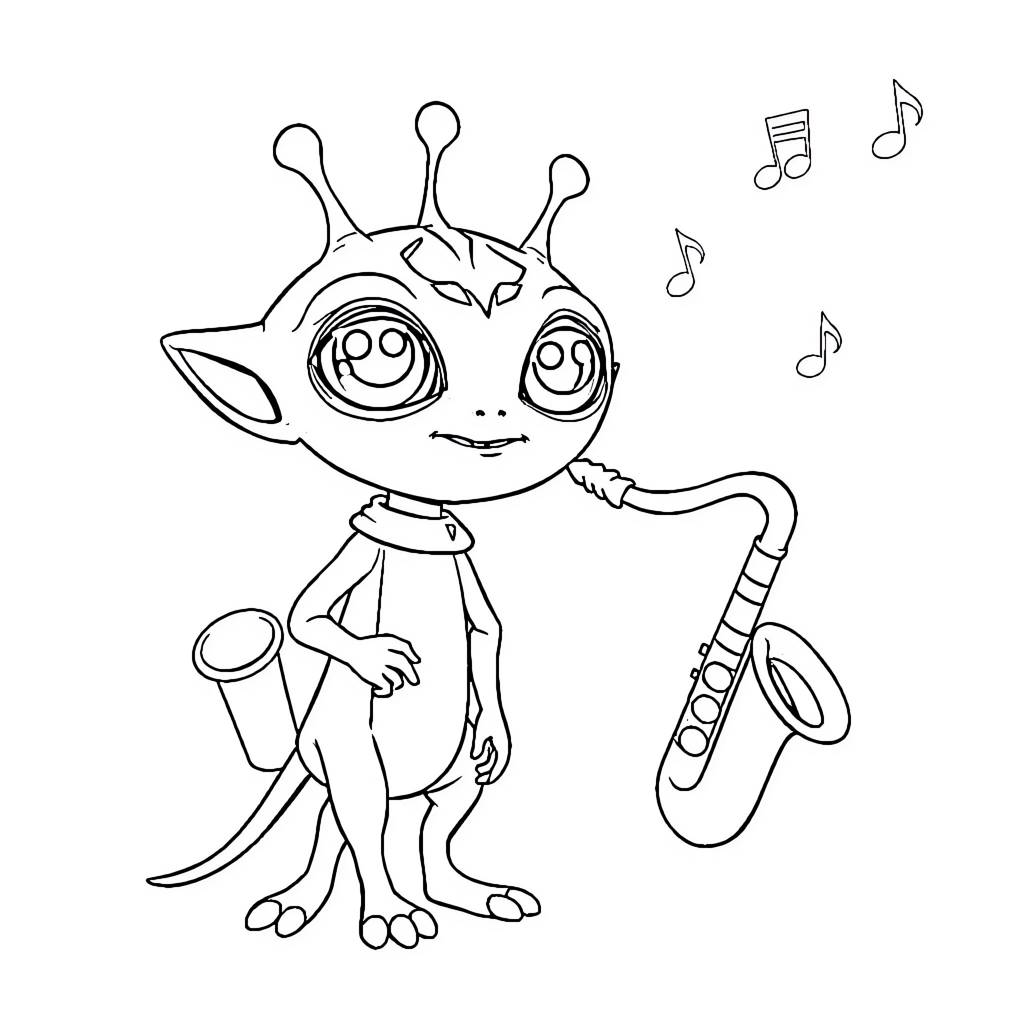 Ben 10 Alien Playing Saxophone with Music Notes Coloring Page (free black-and-white line drawing printable PDF for all, from beginners to advanced learners, including children, teens, adults, and seniors)