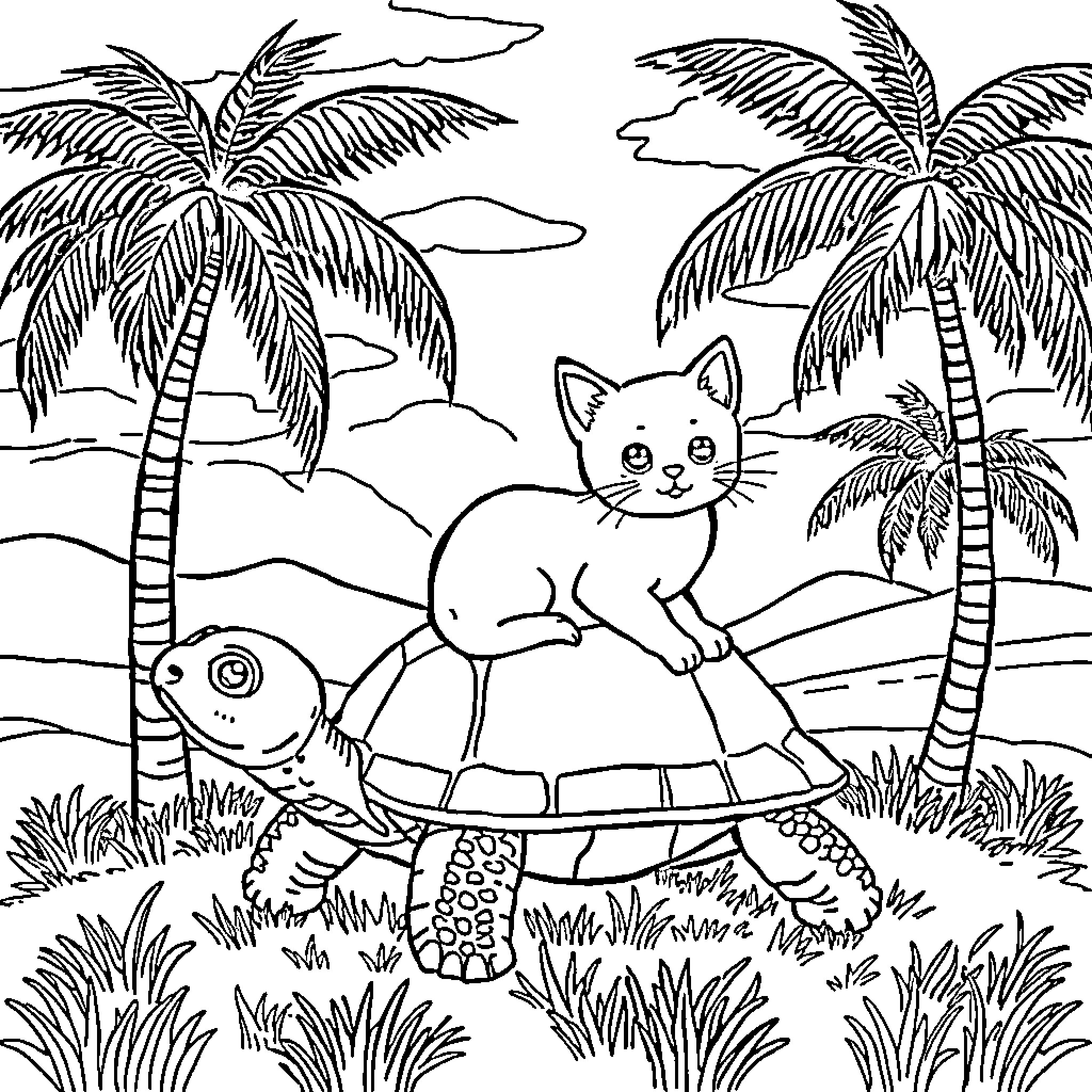 Gato resting peacefully on a turtle in a tropical paradise Coloring Page (free black-and-white line drawing printable PDF for all, from beginners to advanced learners, including children, teens, adults, and seniors)