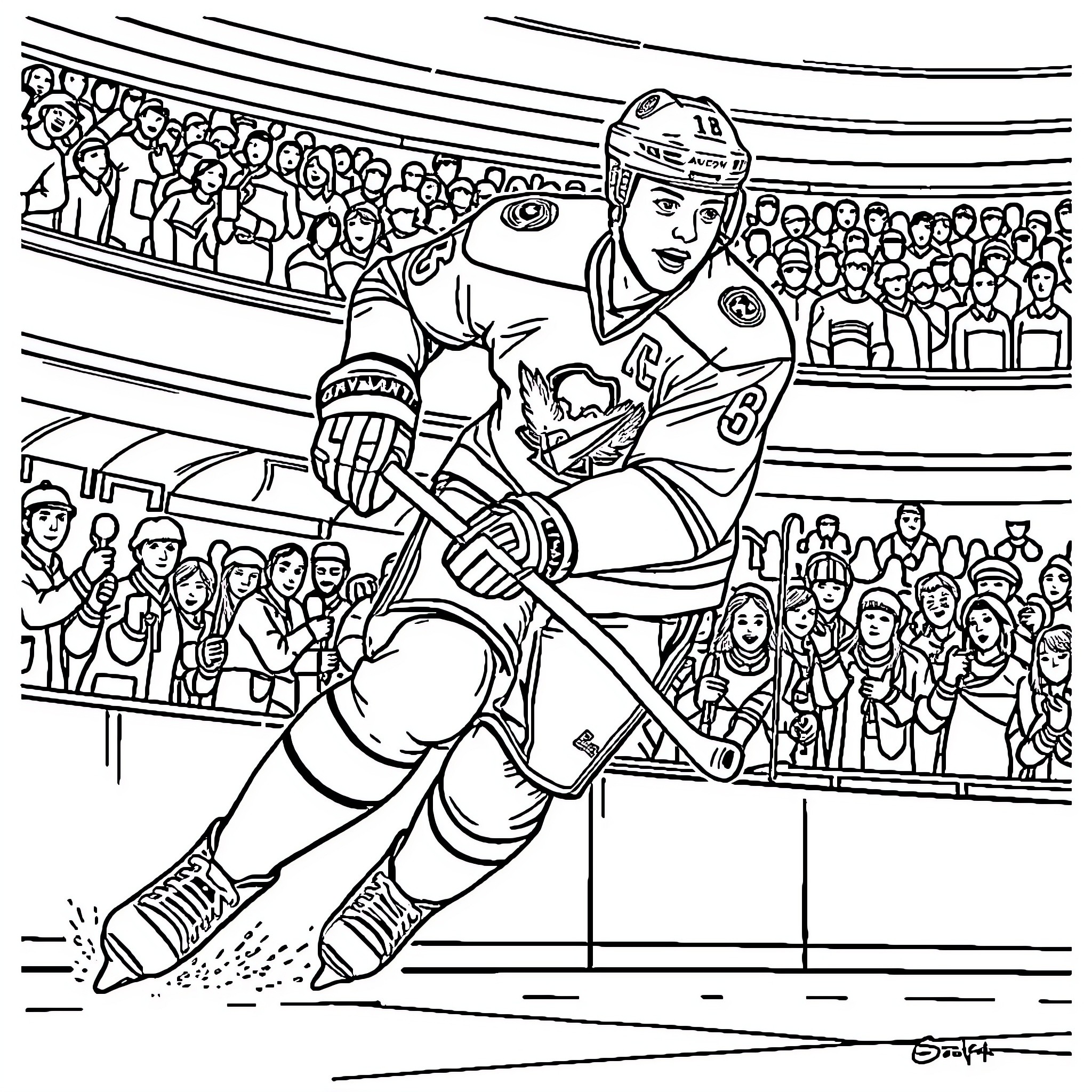 Auston Matthews playing hockey in the arena Coloring Page (free black-and-white line drawing printable PDF for all, from beginners to advanced learners, including children, teens, adults, and seniors)