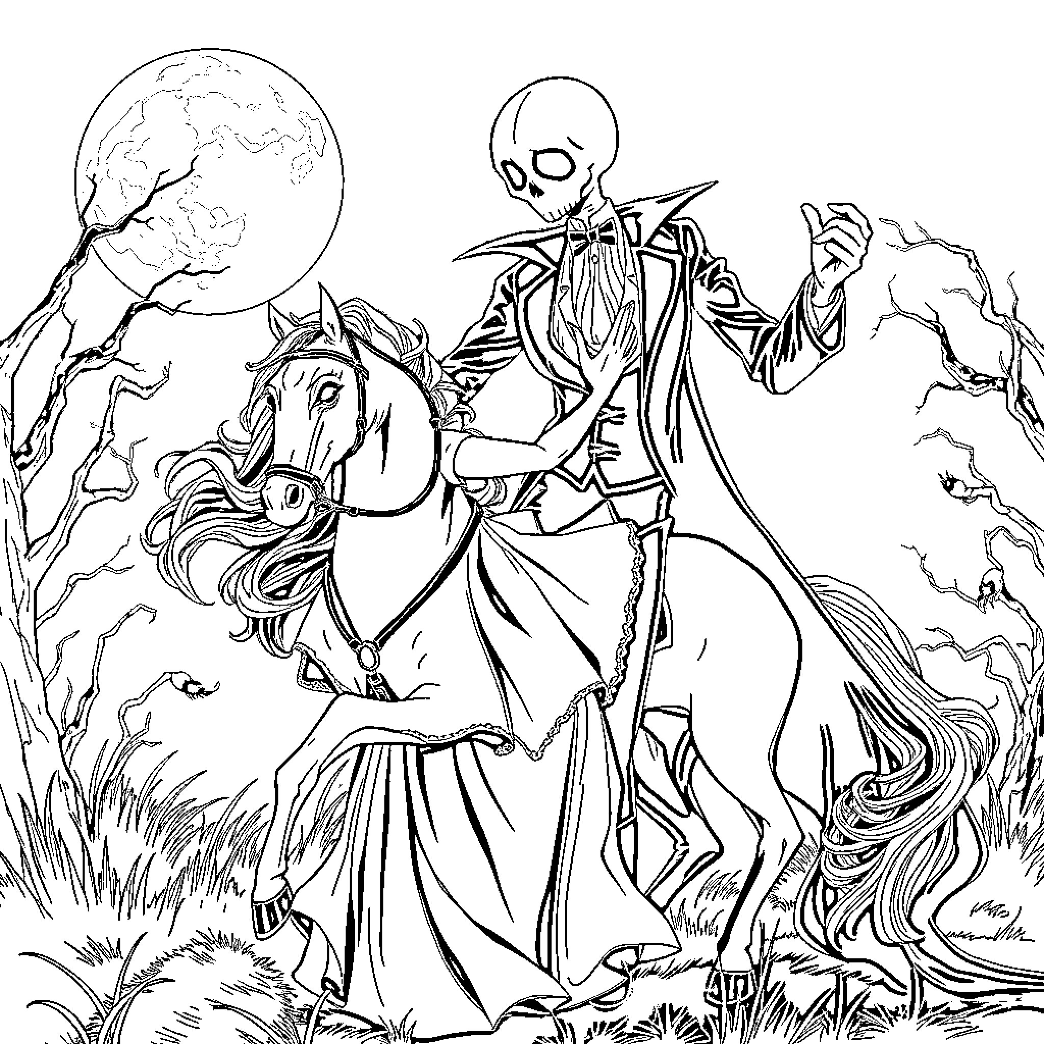 Headless Horseman riding through the eerie landscape Coloring Page (free black-and-white line drawing printable PDF for all, from beginners to advanced learners, including children, teens, adults, and seniors)