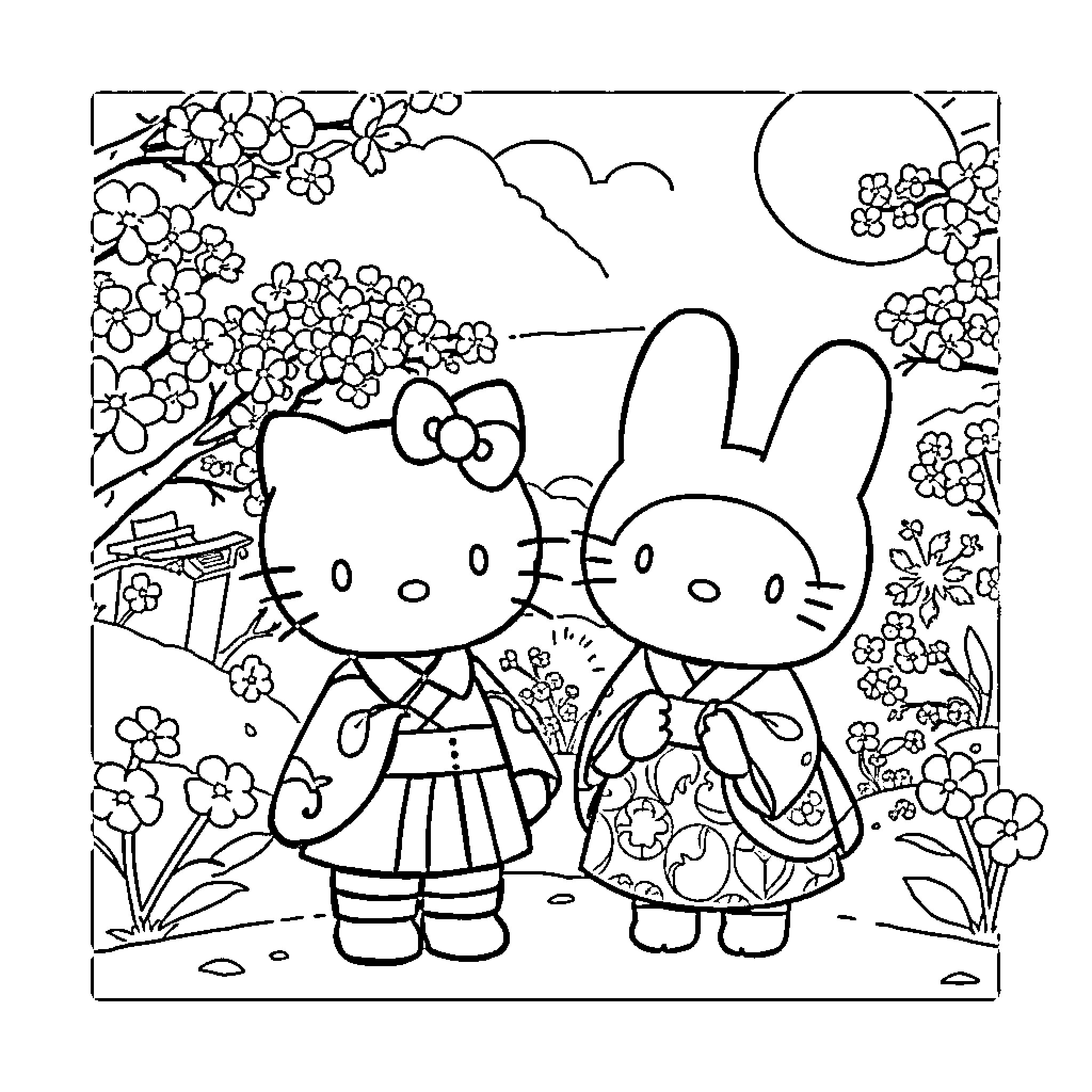 Sanrio Characters in a Floral Landscape Coloring Page (free black-and-white line drawing printable PDF for all, from beginners to advanced learners, including children, teens, adults, and seniors)