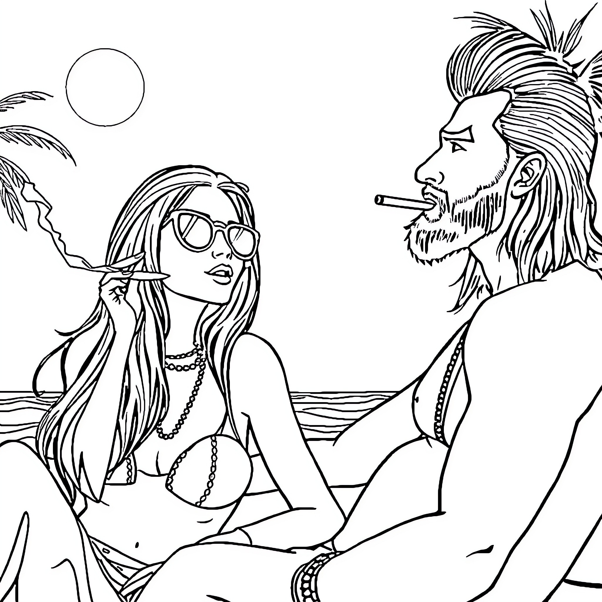 Hippie couple enjoying a day at the beach Coloring Page (free black-and-white line drawing printable PDF for all, from beginners to advanced learners, including children, teens, adults, and seniors)